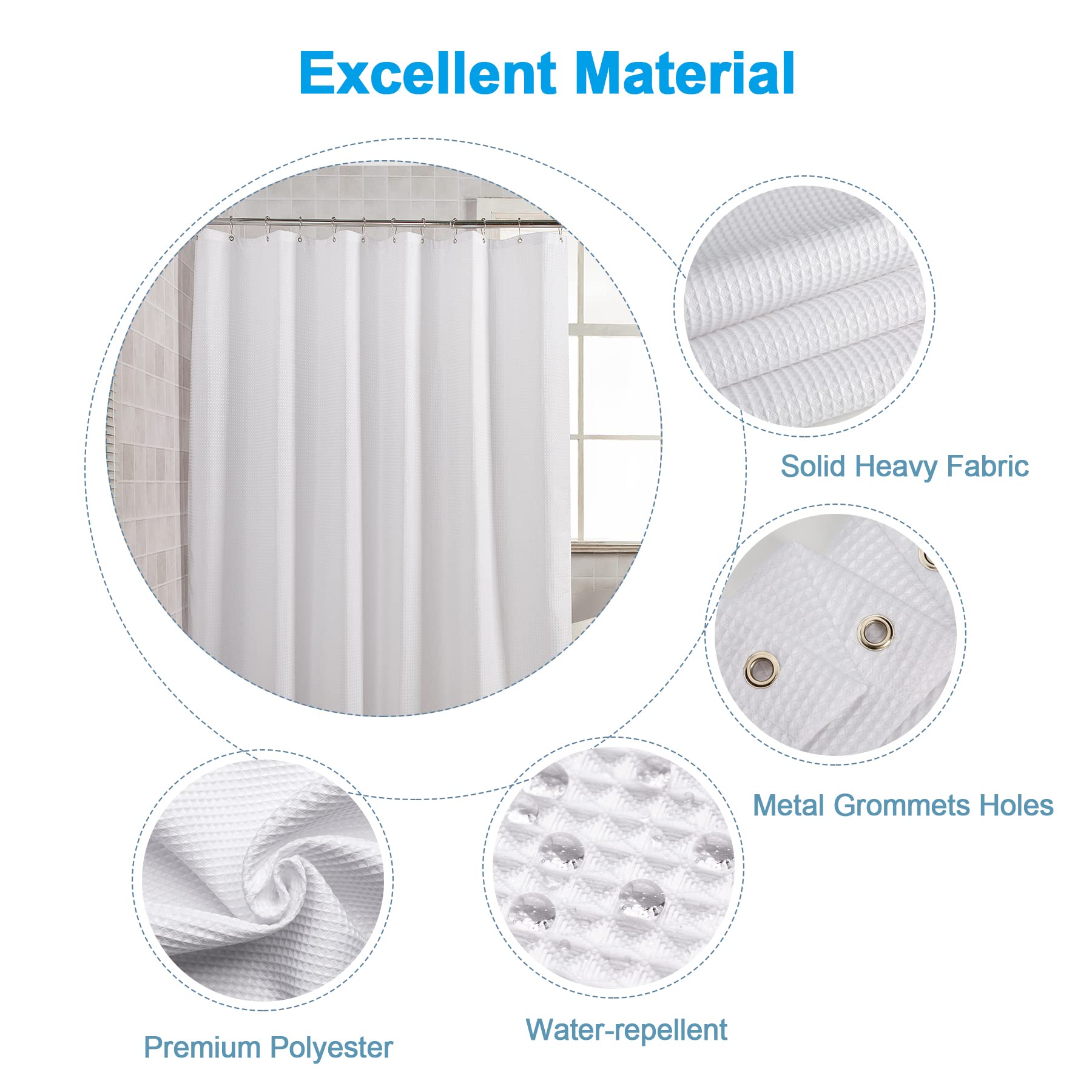 AmazerBath 78 Inch Waffle Weave Shower Curtain - 72x78 Inches Long White Heavy Duty Hotel Quality Bathroom Fabric - Perfect for Spa, Luxury Hotels & Modern Home Bathrooms