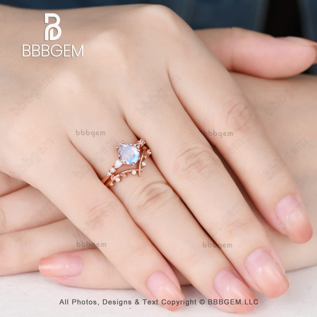 Pear Cut Moonstone & Moissanite Promise Ring Set for Women - Nature Inspired Leaf Stacking Band - Perfect for Engagement, Wedding, Anniversary Gifts & Everyday Boho Jewelry