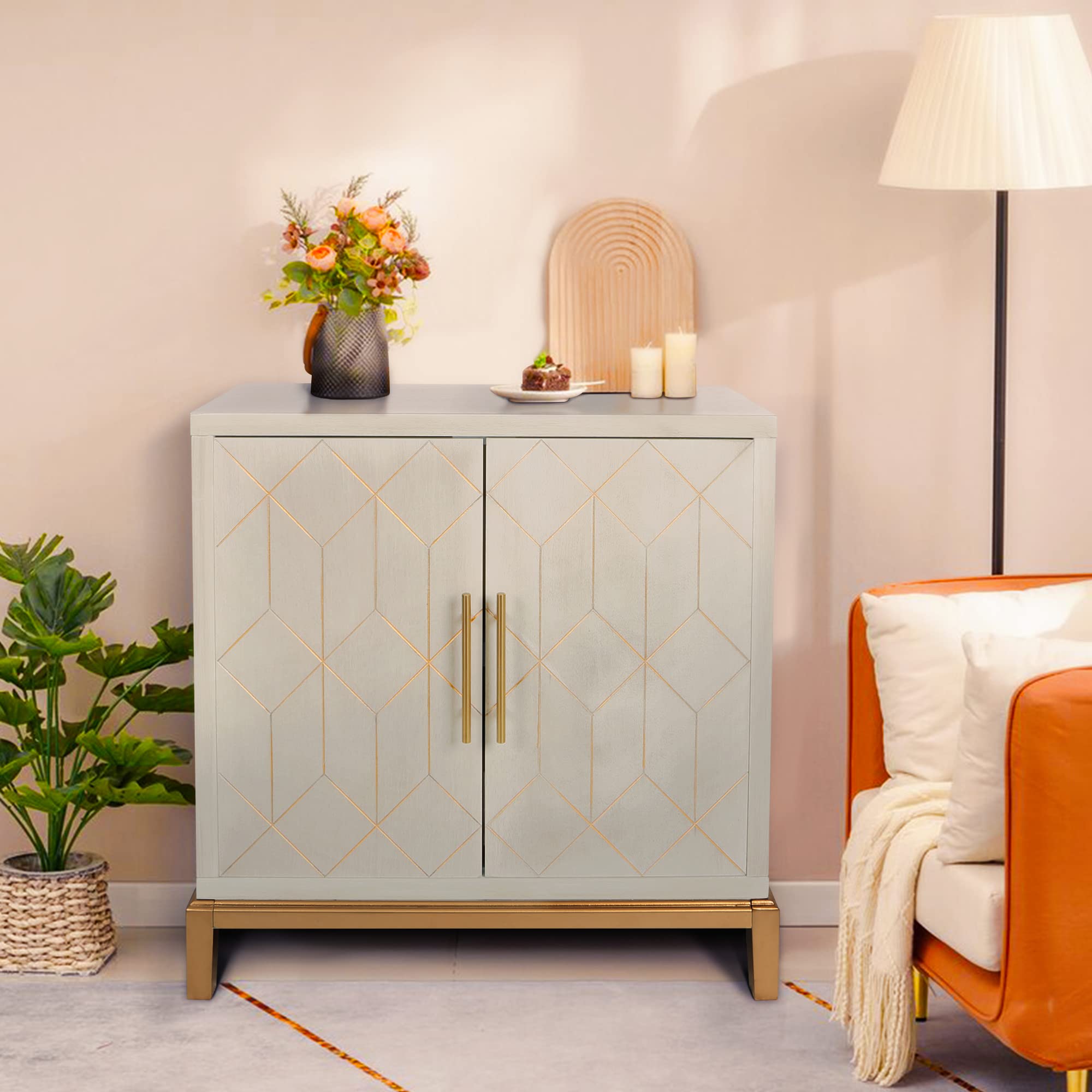 HLR Green Accent Cabinet with Gold Trim - 2 Door Modern Wooden Storage Sideboard for Living Room, Kitchen, Office & Hallway | Perfect for Home Decor, Small Space Organization & Stylish Storage Solutions