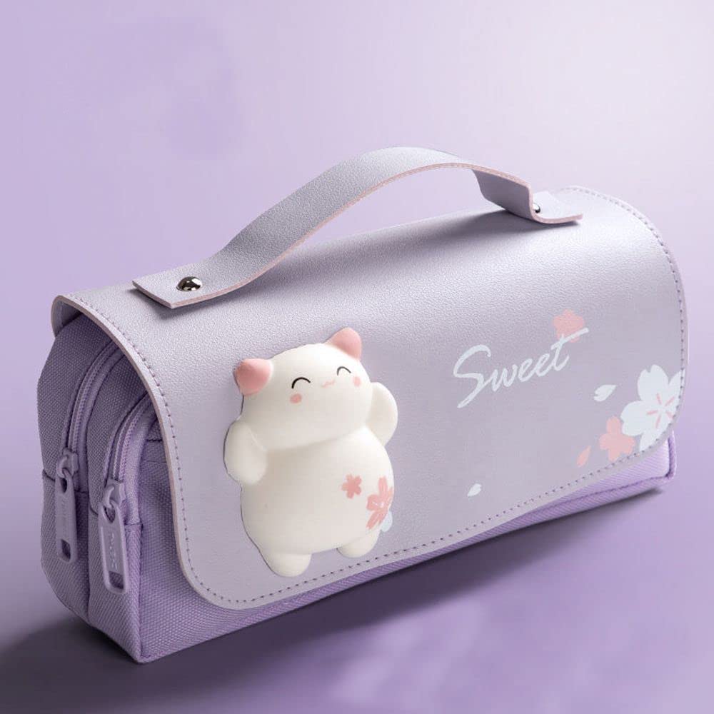 Cute Kawaii Cat Leather Pencil Case - Durable Pen Pouch Organizer with Handle for School, Office & Travel - Purple Bear Design for Journaling Supplies & Stationery Storage