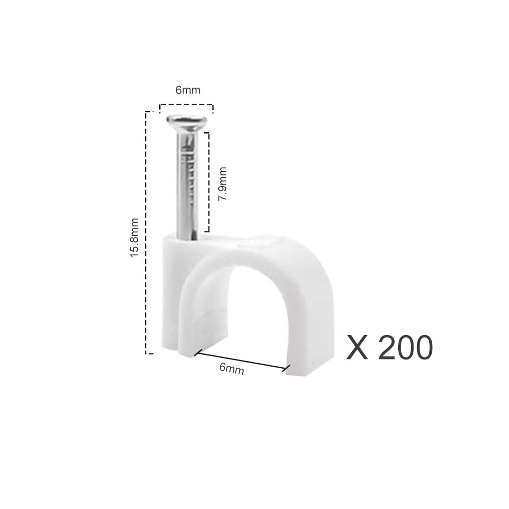 200PCS 6MM White Round Cable Clips - Cable Management Organizer with Steel Nails for Wall Mounting - Perfect for Home Office, TV Wires, Computer Cables and Electrical Cord Organization