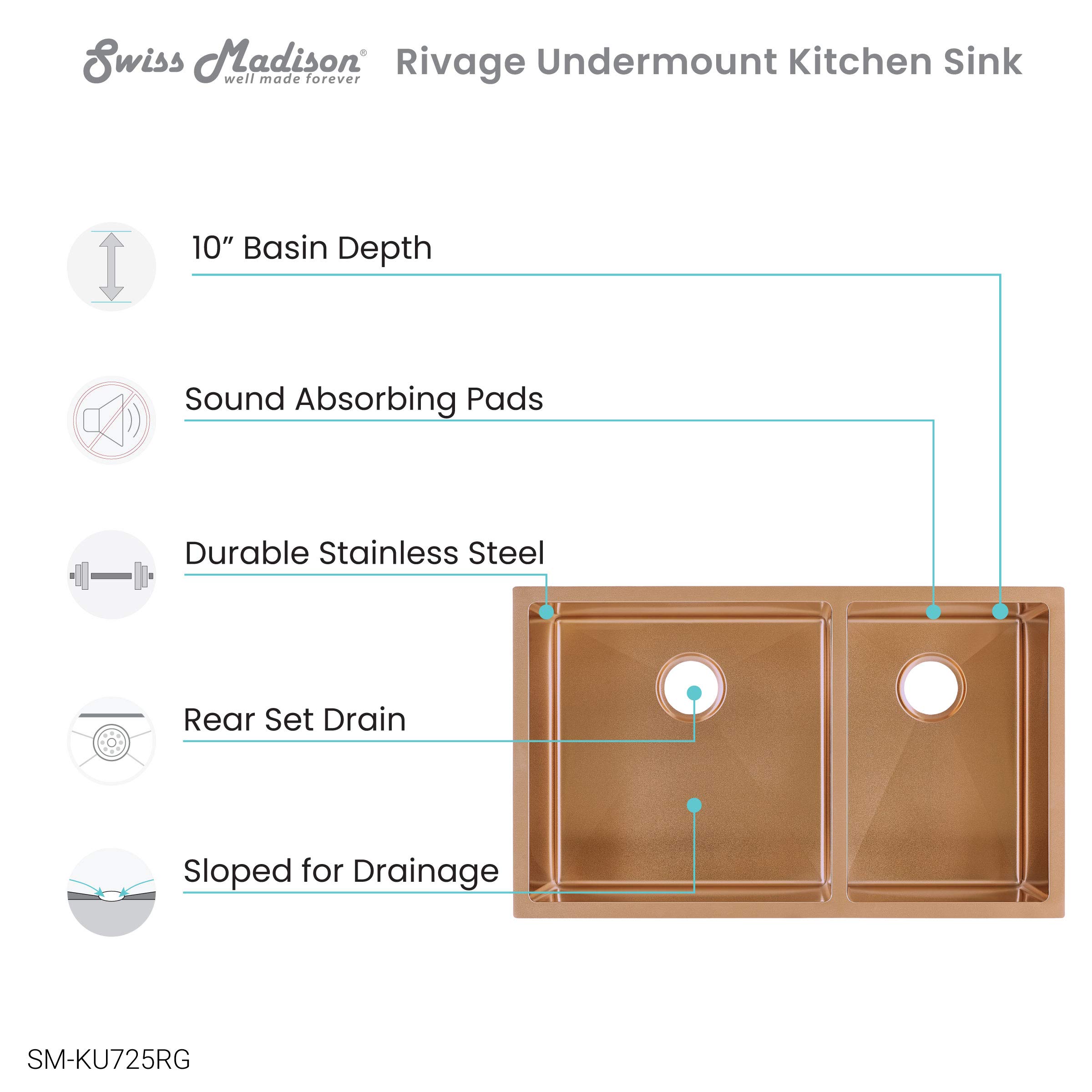Swiss Madison SM-KU725RG Premium Undermount Kitchen Sink in Rose Gold - Durable Stainless Steel for Modern Farmhouse & Luxury Home Renovations