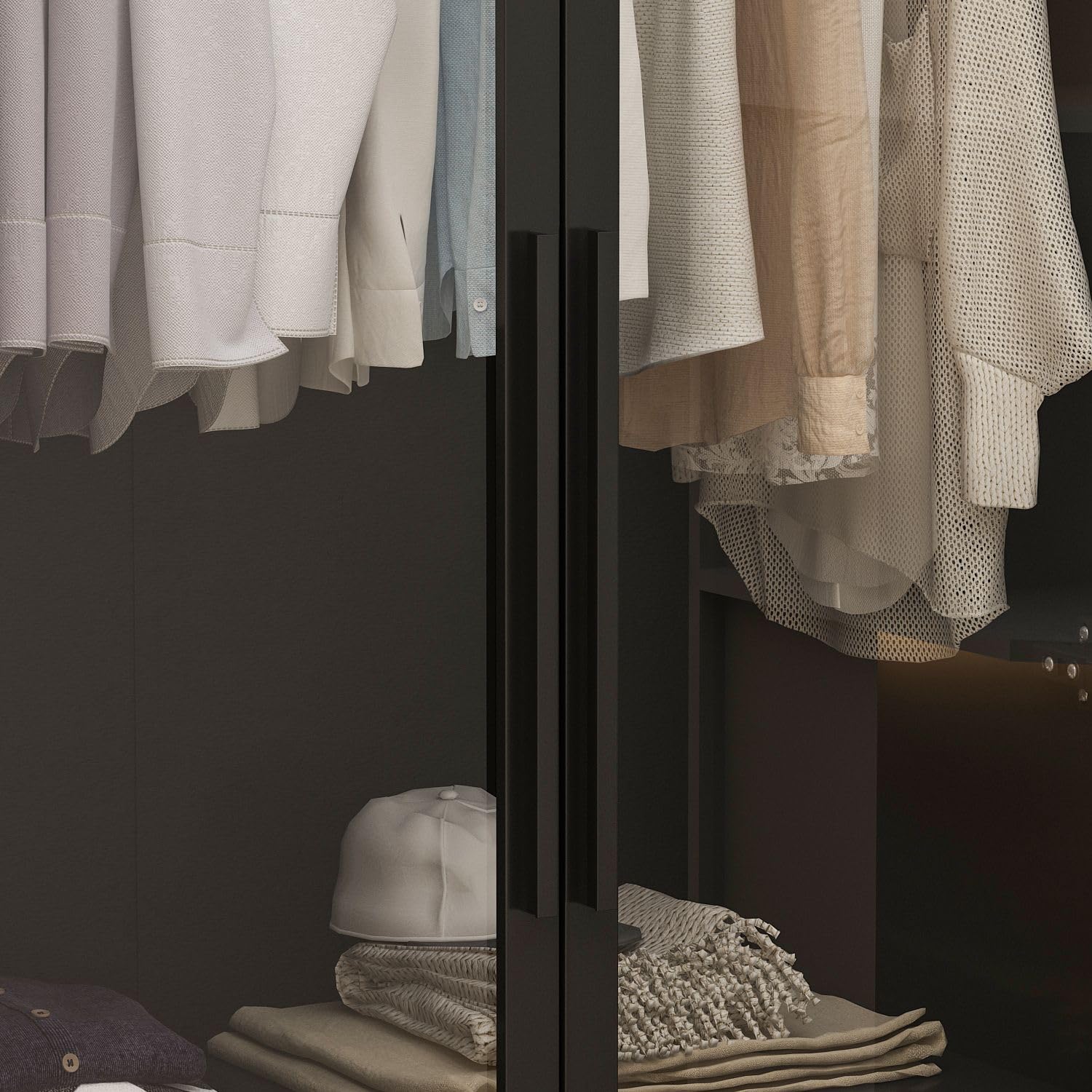 FAMAPY Black Glass Wardrobe Closet with LED Lights - 47.2