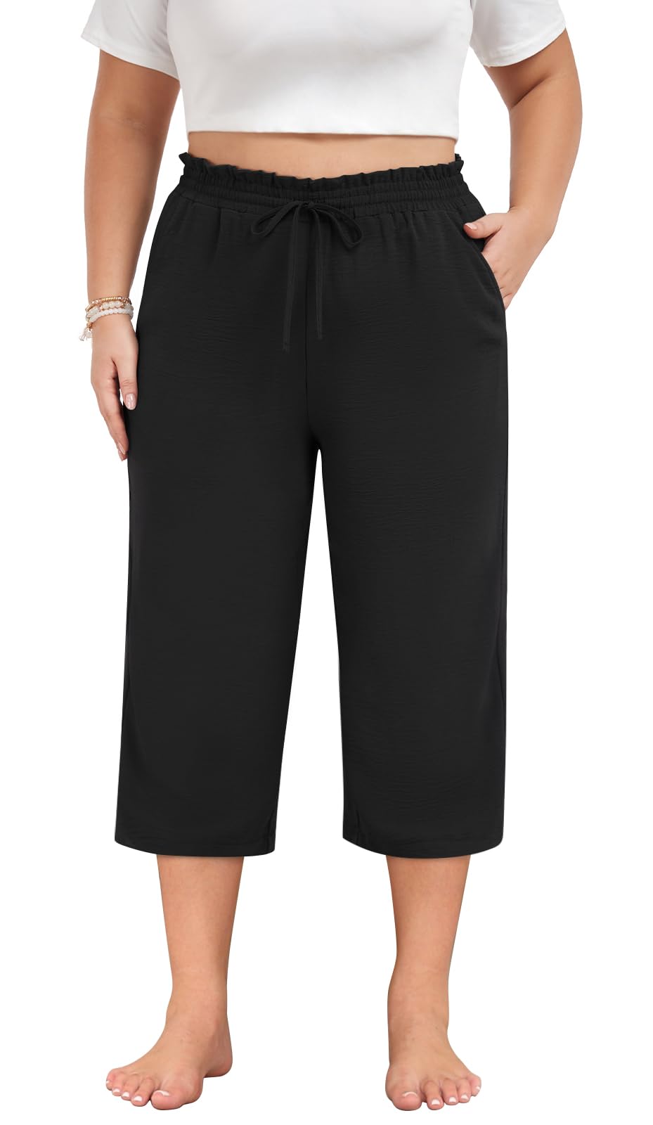Syoss Women's Plus Size High Waist Casual Pants - Adjustable Knot, Loose Straight Trousers with Pockets for Business, Office & Work | Comfortable Workwear for Professional Women