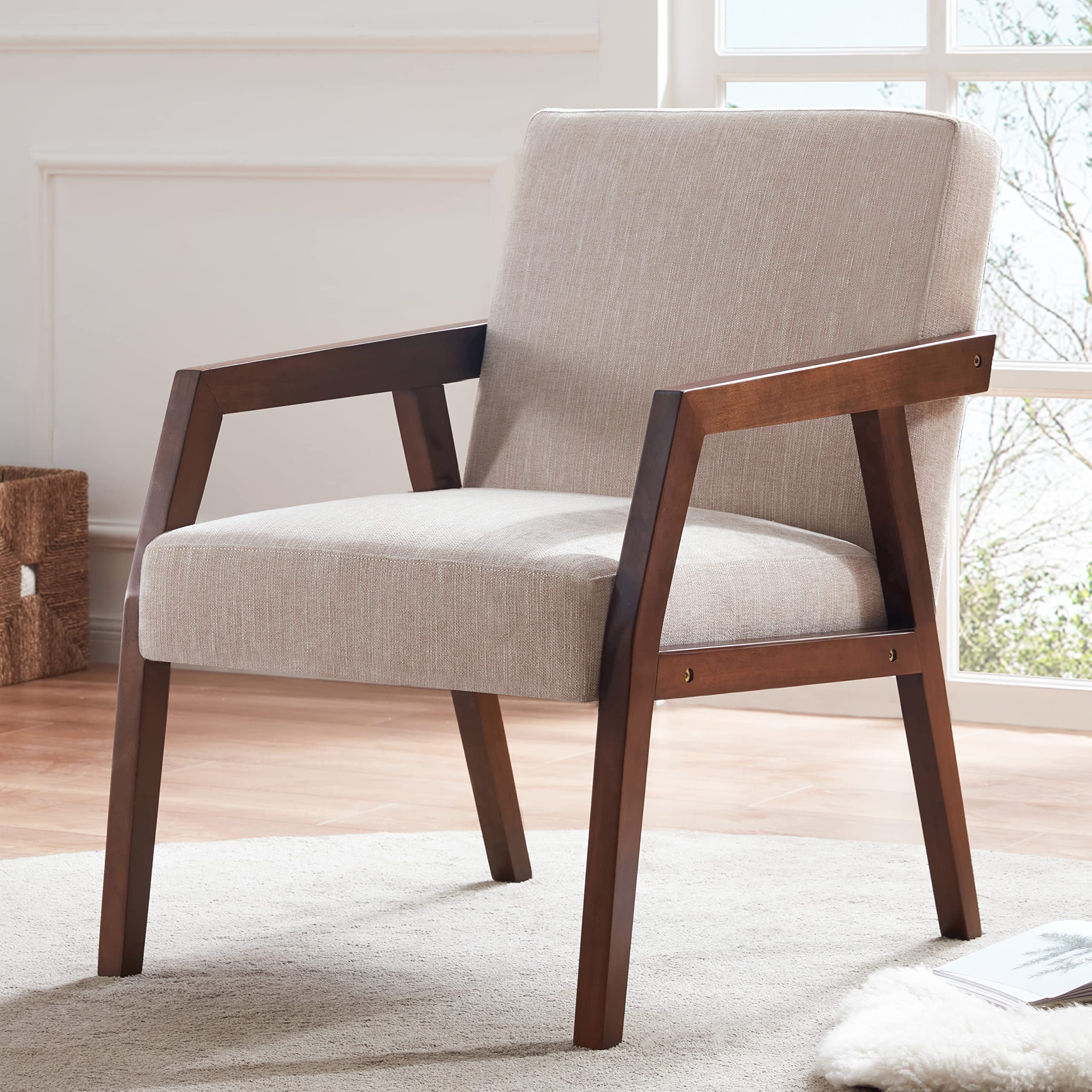 HUIMO Mid-Century Modern Accent Chair - Elegant Upholstered Wooden Armchair with Linen Fabric for Living Room, Bedroom, Office - Comfortable Lounge & Reading Chair (Brown) - Perfect for Relaxing, Reading & Home Decor