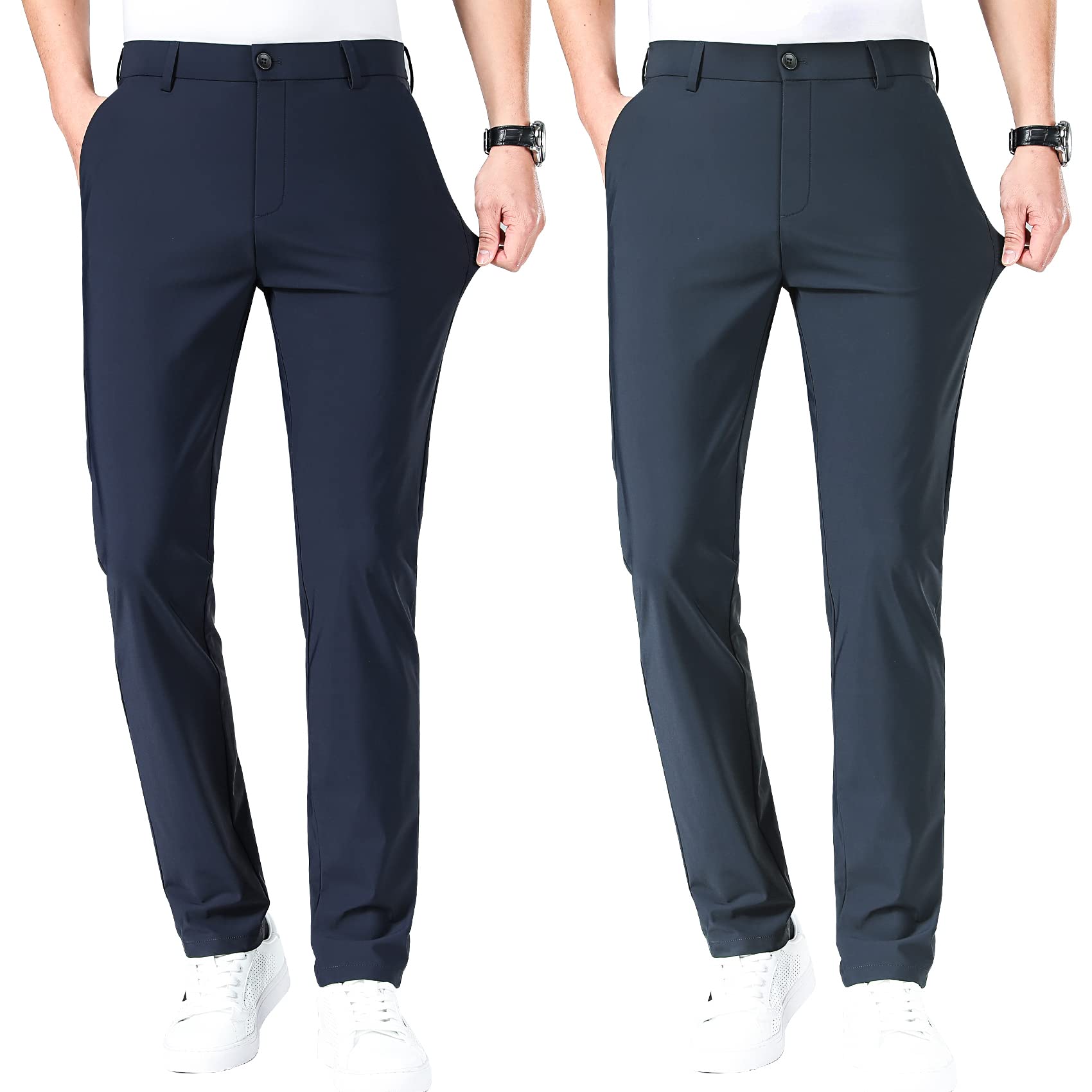LUSHENUNI Men's Slim Fit Stretch Golf Pants - Breathable Ice Silk Dress Pants with Adjustable Waistband | Perfect for Golfing, Office Wear & Casual Outings