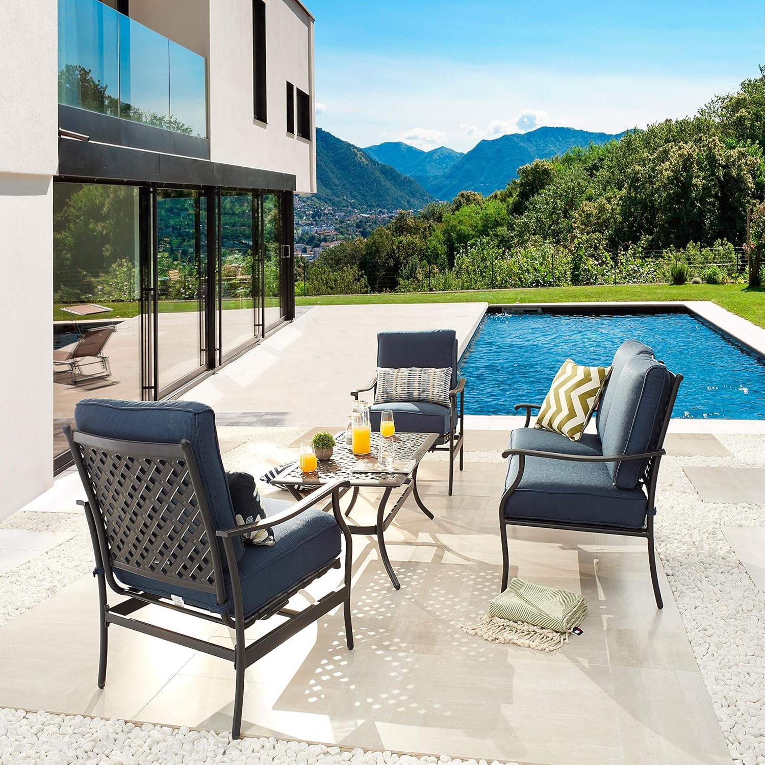 LOKATSE HOME 4-Piece Outdoor Loveseat Set with Cushions & Coffee Table - Patio Conversation Furniture, Metal Armchair in Blue - Perfect for Backyard, Garden, and Poolside Relaxation