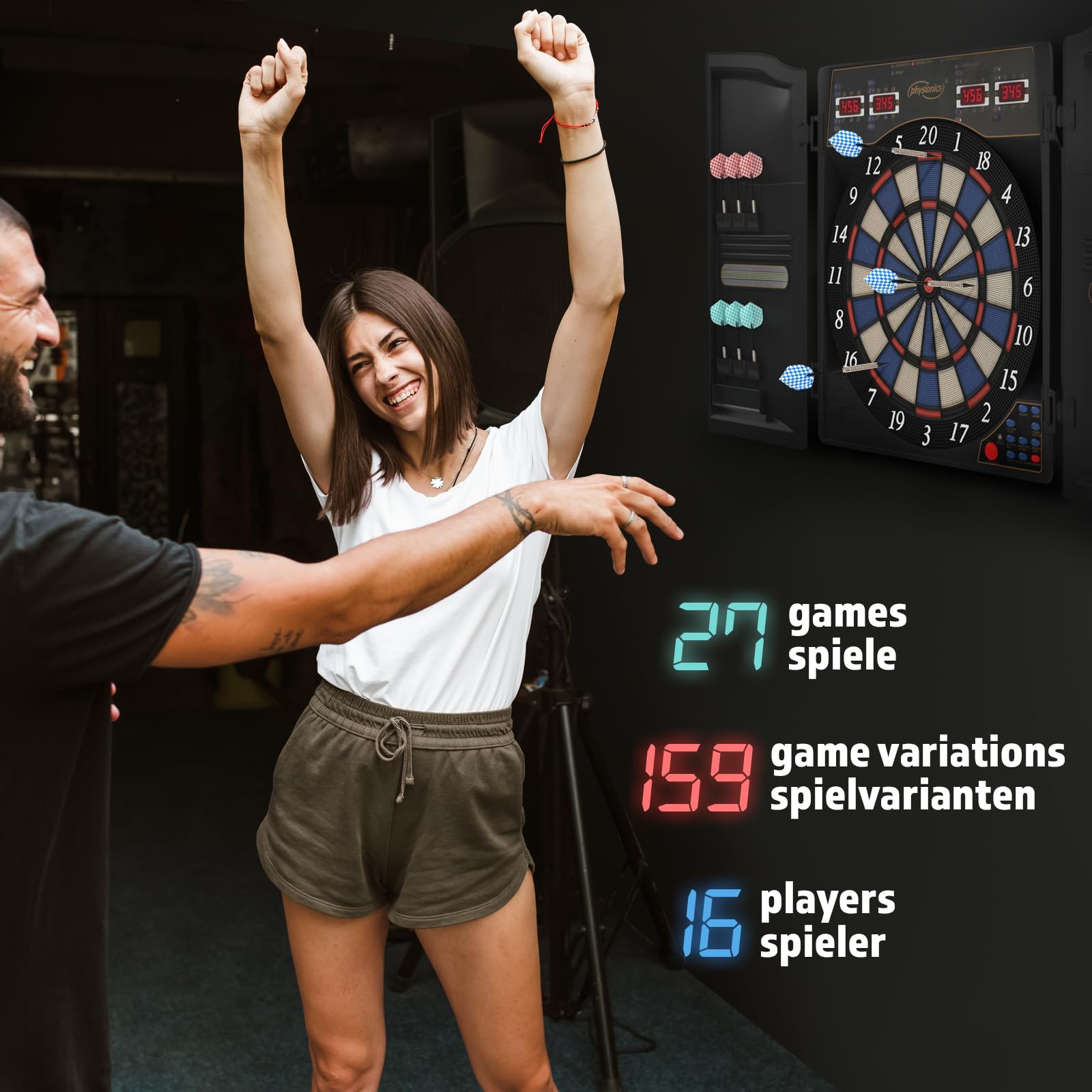 Physionics® Electronic Darts Set with LED Display - 12 Steel Tip Darts, 27/28 Games & 100+ Variations for 16 Players | 3 Models Available - Perfect for Home, Bar & Party Games