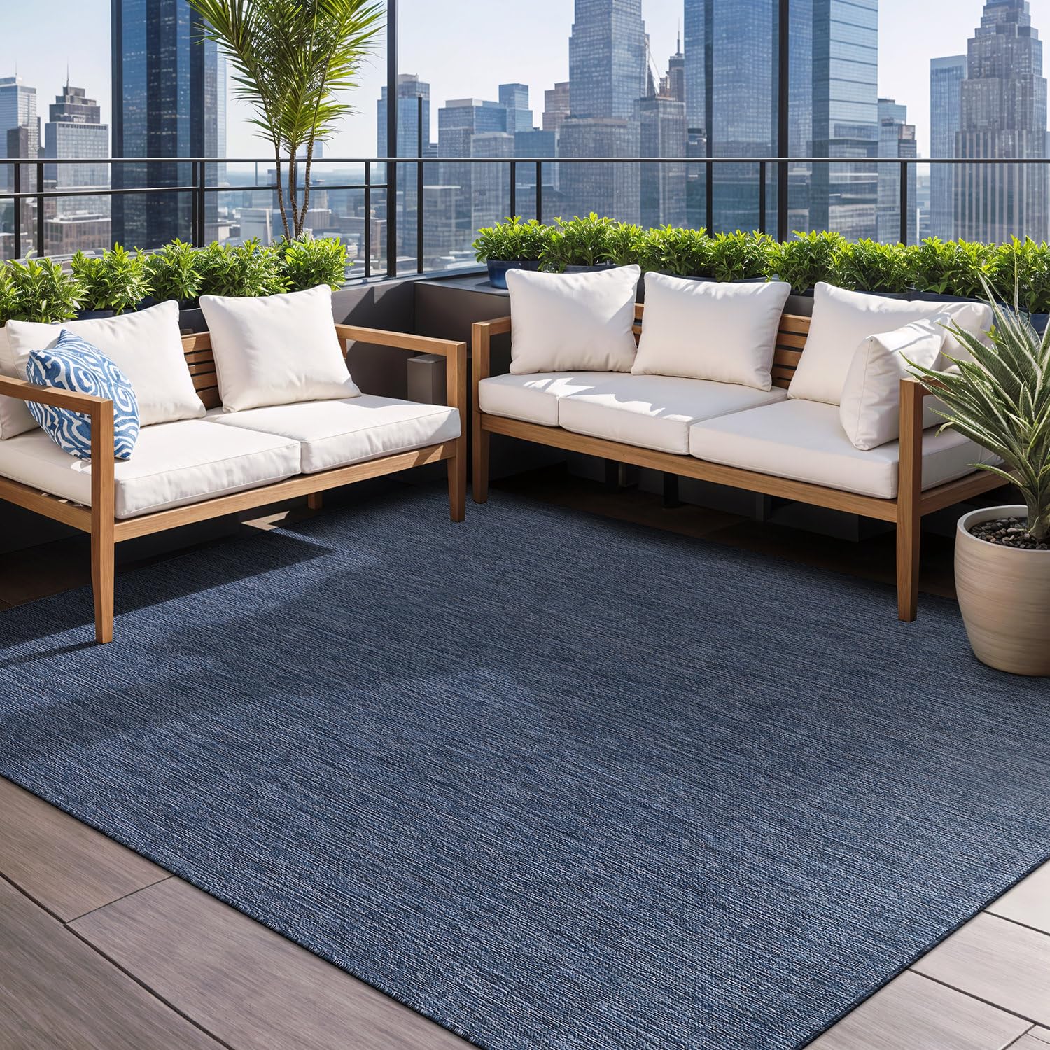 Beverly Indoor Outdoor Rug 6x9 - Washable Water Resistant Modern Area Rug for Patio, Deck, Porch - Solid Azure Blue | Perfect for Backyard, Poolside & Sunroom Decor