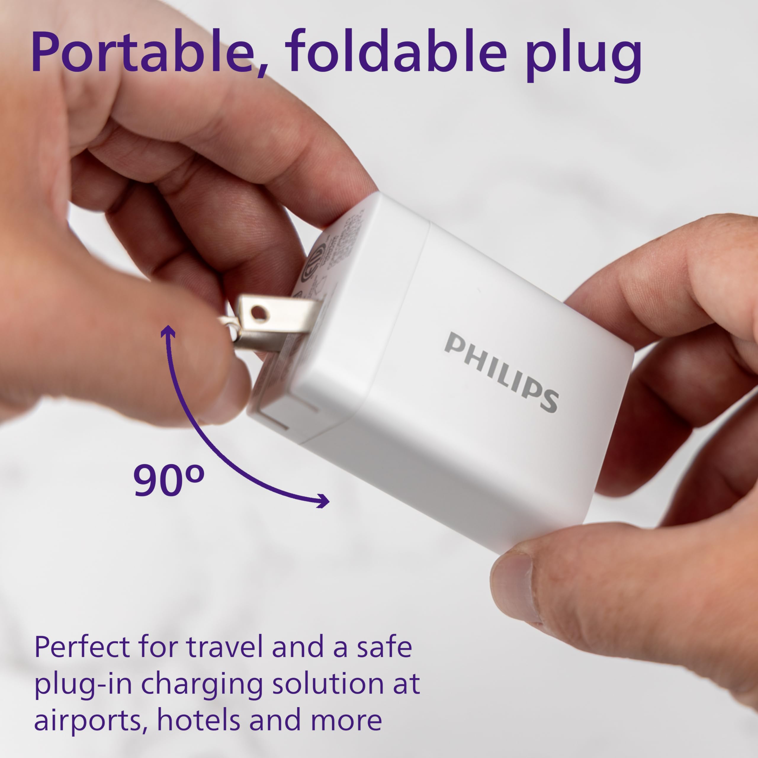 Philips 65W GaN Fast Charger with 3 Ports (USB C & USB A) - Compact Foldable Wall Charger for iPhone 16/15 Series, iPad Pro - White (DLP3653W/37) | Perfect for Travel, Office & Home Charging