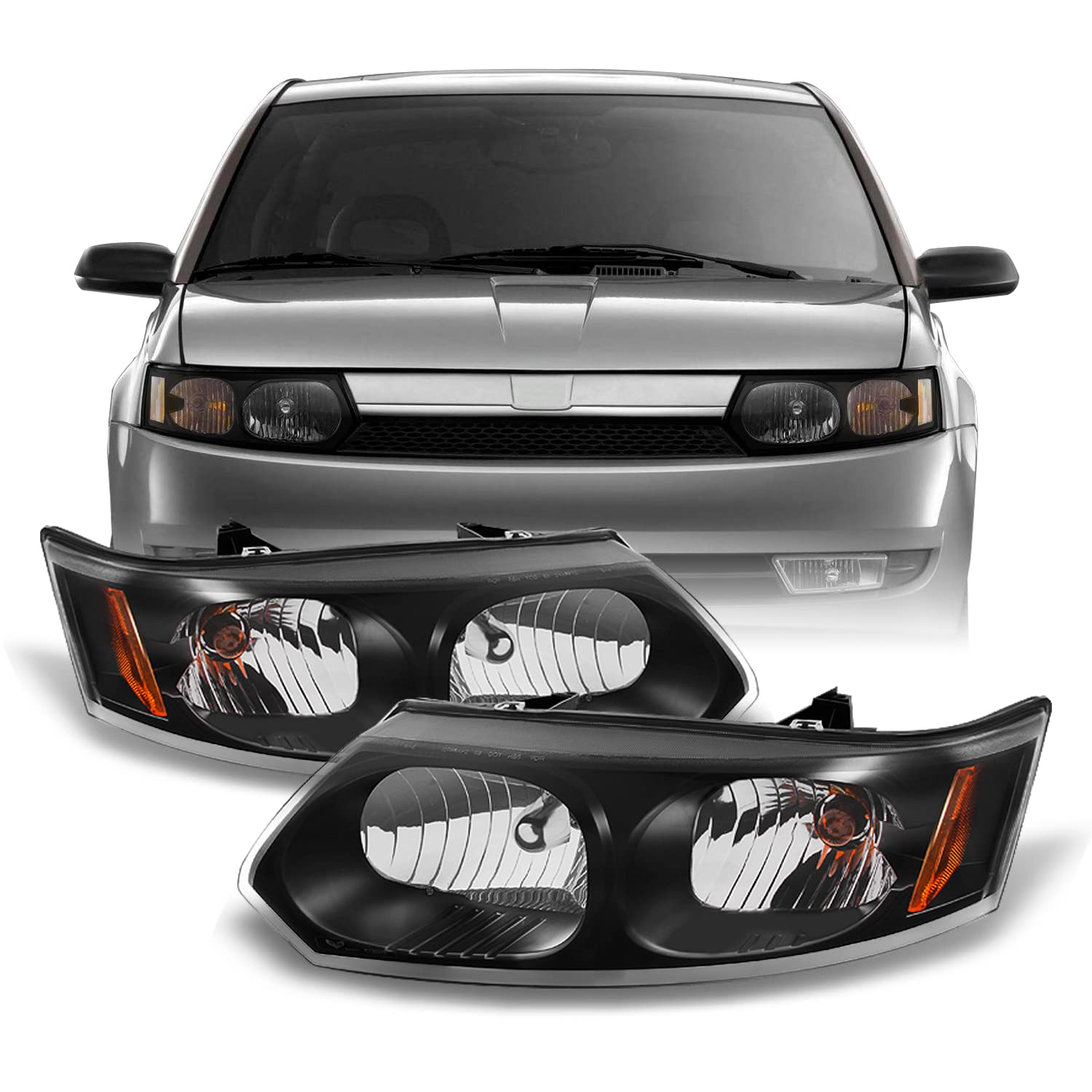 AKKON Replacement Headlights for Saturn Ion 4-Door Sedan - Black Head Lamps Pair (Driver & Passenger Side) | Perfect for Night Driving & Vehicle Restoration Projects
