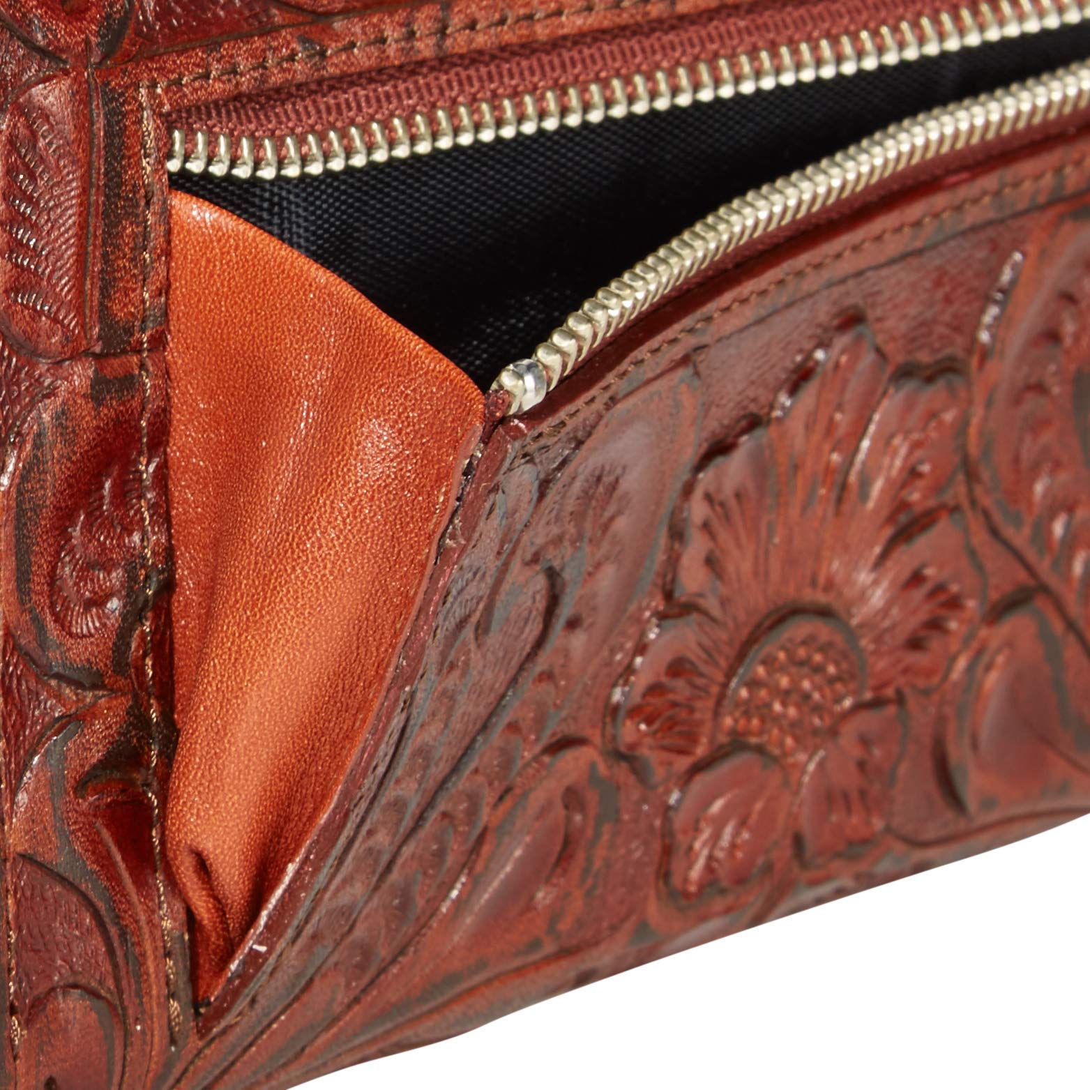 Mauzari Geneva Women's Tooled Leather Wallet - Genuine Leather RFID Blocking Bifold Wallet for Women (Parota Brown) - Perfect for Everyday Use, Travel & Gift Giving