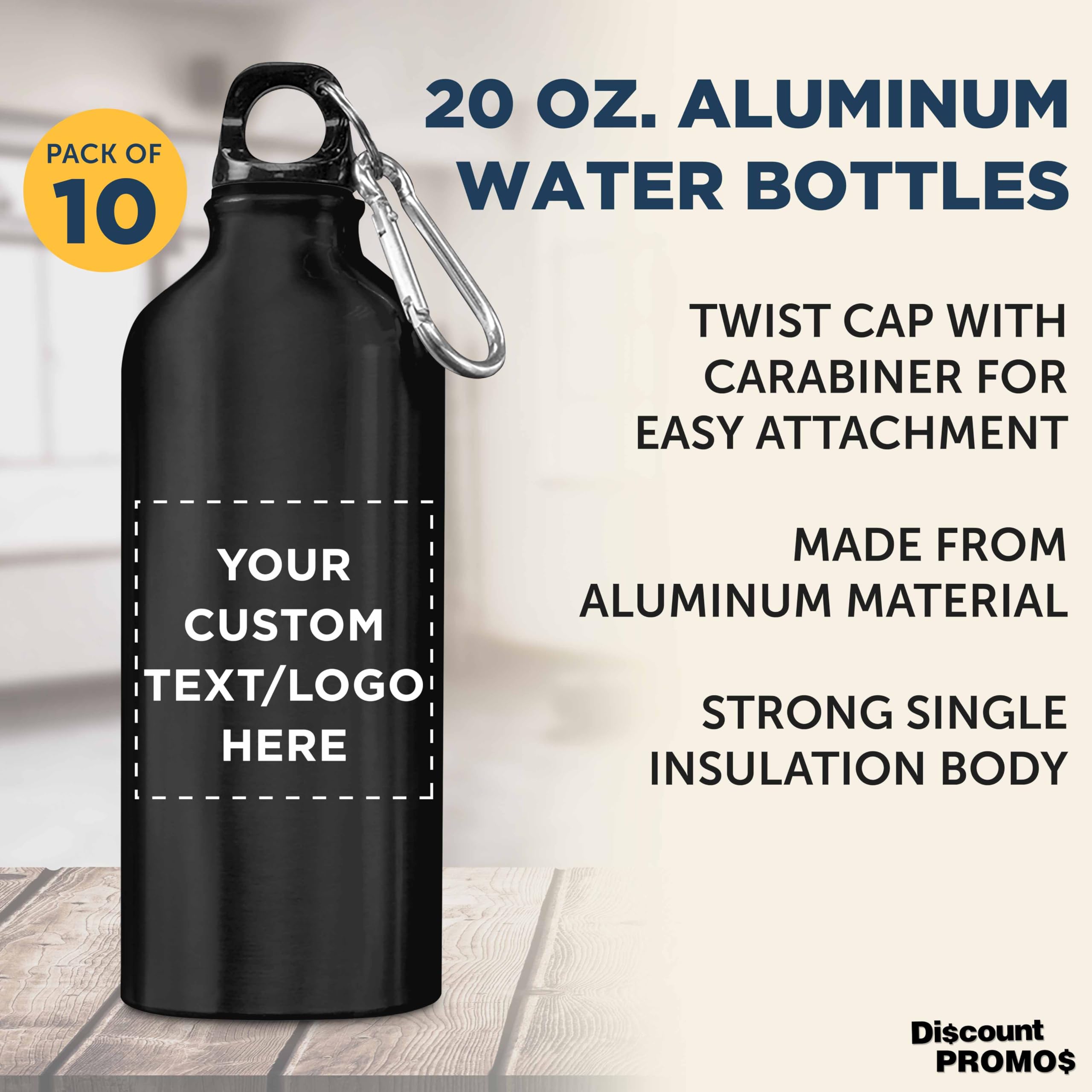 Custom 20 oz Aluminum Water Bottles Bulk Pack of 10 - Personalized Gym & Hiking Bottles for Sports, Camping, Office & Outdoor Activities - Black (BPA-Free Eco-Friendly)