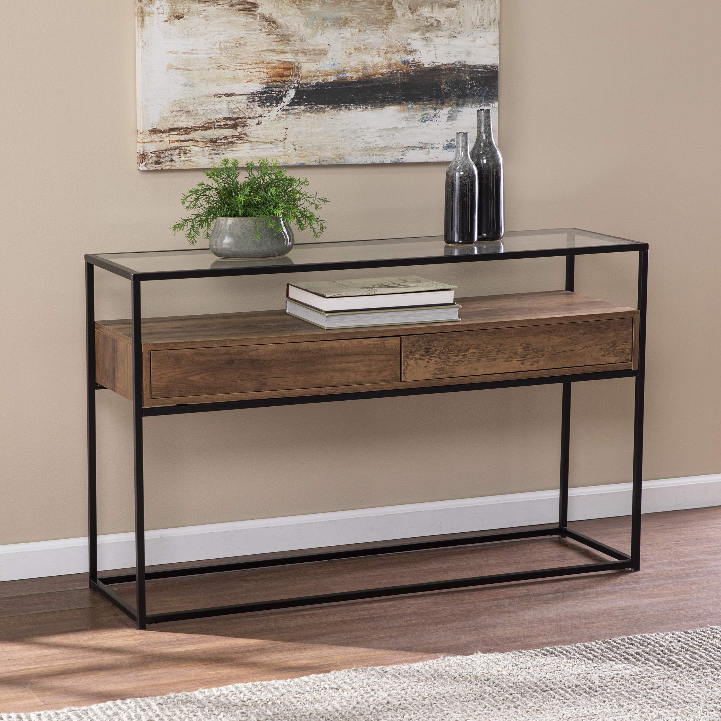 SEI Furniture Olivern Glass-Top Console Table with Storage - Modern Industrial Farmhouse Style Entryway Table for Living Room, Hallway & Foyer - Brown Wooden Sofa Table with Open Shelf Design