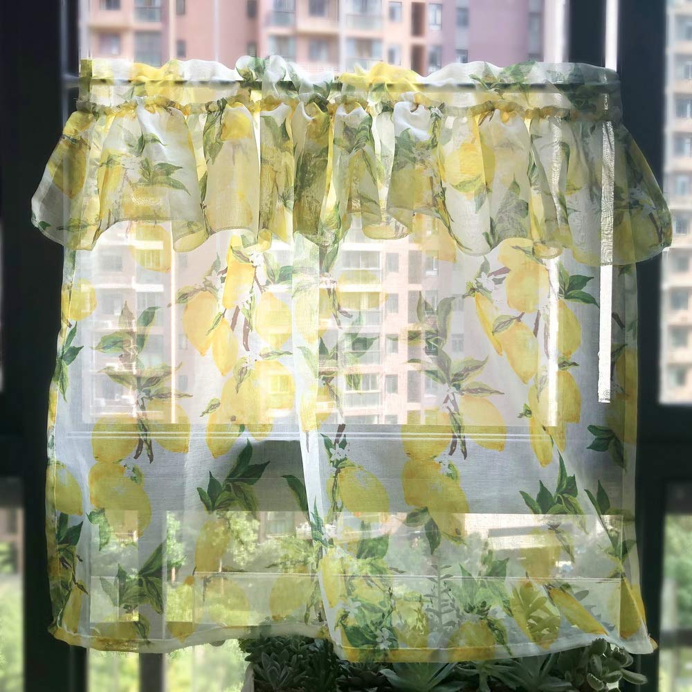 Yellow Lemon Printed Semi-Sheer Tier Curtains - 29x35 Inch Rod Pocket Voile Drapes for Small Windows, Kitchen & Cafe Decor - Light Filtering & Stylish Home Accents