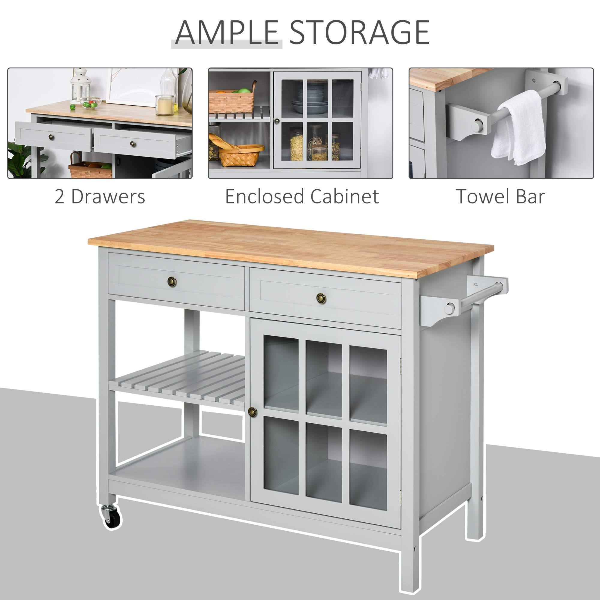 HOMCOM Rolling Kitchen Island with Storage - Solid Wood Top, Glass Door Cabinet, Adjustable Shelf & 2 Drawers - Mobile Kitchen Cart with Towel Rack for Dining Room & Small Spaces - Perfect for Meal Prep, Extra Counter Space & Organized Storage (Gray)