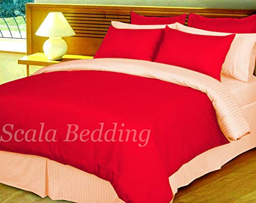 8-Piece Reversible Stripe Bedding Set - 100% Egyptian Cotton 500 TC King Size Duvet Cover, Sheet Set & Bed Skirt with Zipper Closure (Solid Red/Peach) - Luxury Bedroom Decor for Master Suite, Guest Room & Vacation Homes