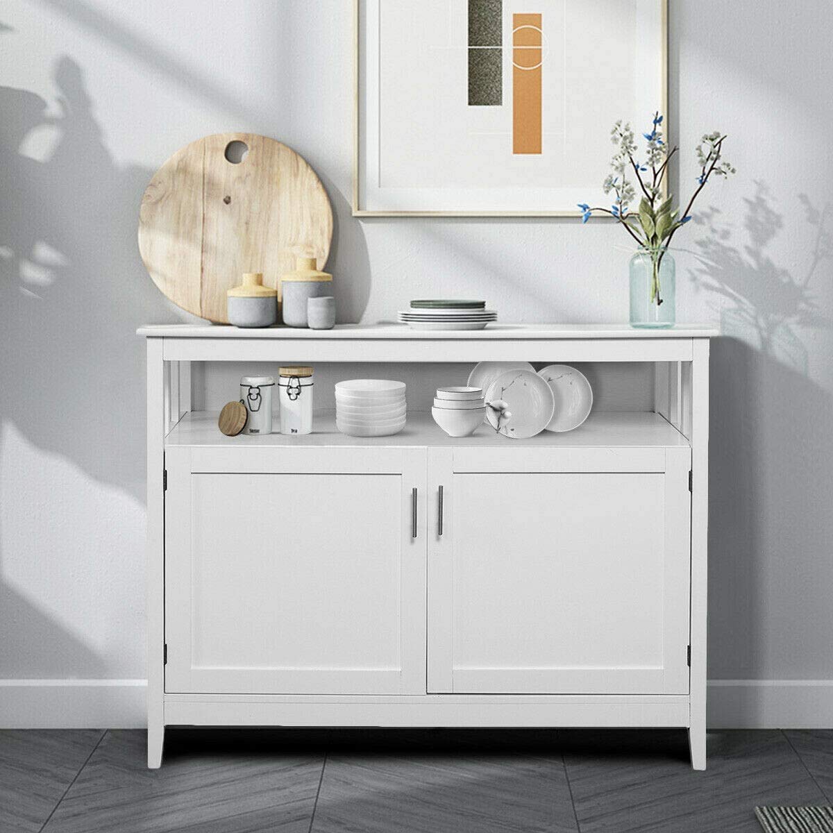 White Kitchen Storage Sideboard Buffet Cabinet with Adjustable Open Shelves - Space Saving Furniture for Kitchen, Dining Room & Living Room Organization | Perfect for Small Apartments & Home Decor