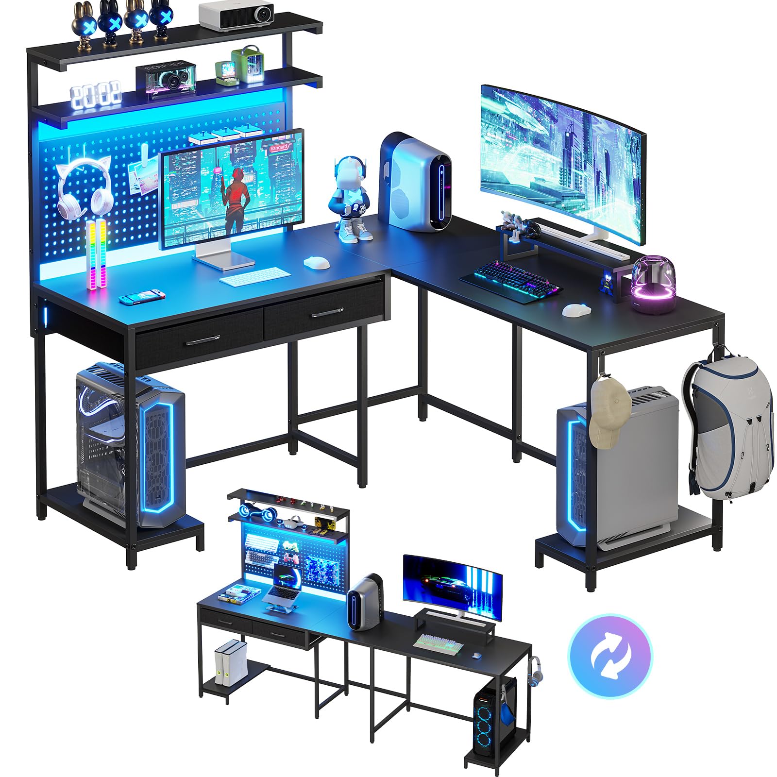 SEDETA L-Shaped Gaming Desk with LED Lights, Pegboard & Drawers - Ergonomic Computer Desk with Monitor Stand, Storage Shelves & Hutch - Black Corner Desk for Home Office, Streaming & PC Gaming Setup