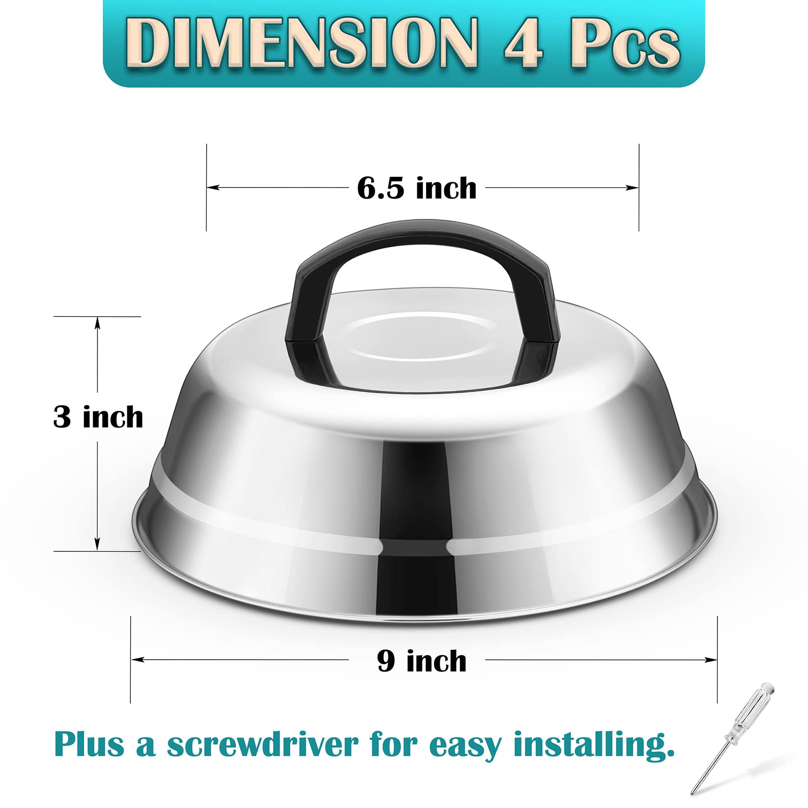 **Joyfair 9-Inch Stainless Steel Basting Cover for Griddle - Cheese Melting Dome with Heat-Proof Handle - Heavy Duty & Dishwasher Safe (4 Pack) - Perfect for Outdoor Camping, Grilling, Flat Top Teppanyaki & BBQ**