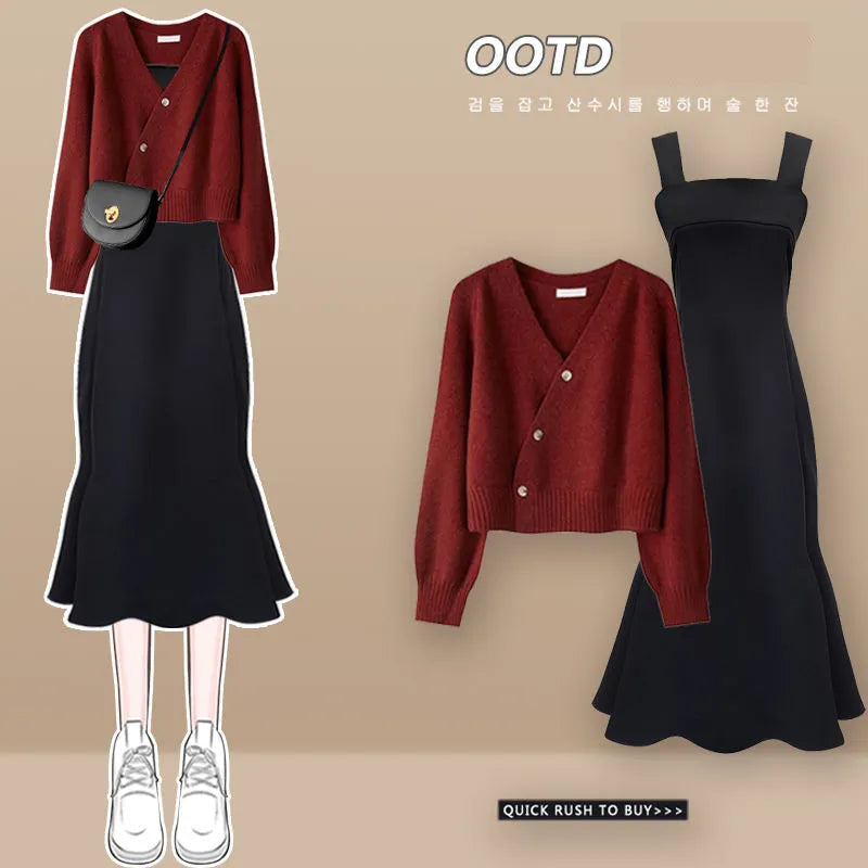 Korean Elegant Bow Cardigan & Sexy Fishtail Skirt Set - Autumn Winter Fashion Knitwear Two Piece Outfit for Women | Perfect for Date Nights, Office Wear & Holiday Parties