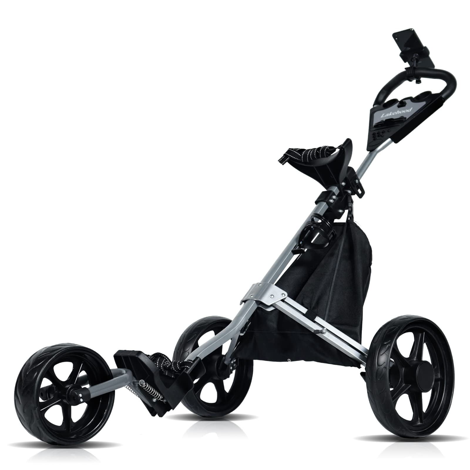 **Lakehood 3-Wheel Golf Push Cart - Lightweight Folding Golf Pull Cart for Clubs & Bags, with Scorecard Holder, Phone Holder & Storage Bag - Perfect for Golf Courses & Practice Ranges**