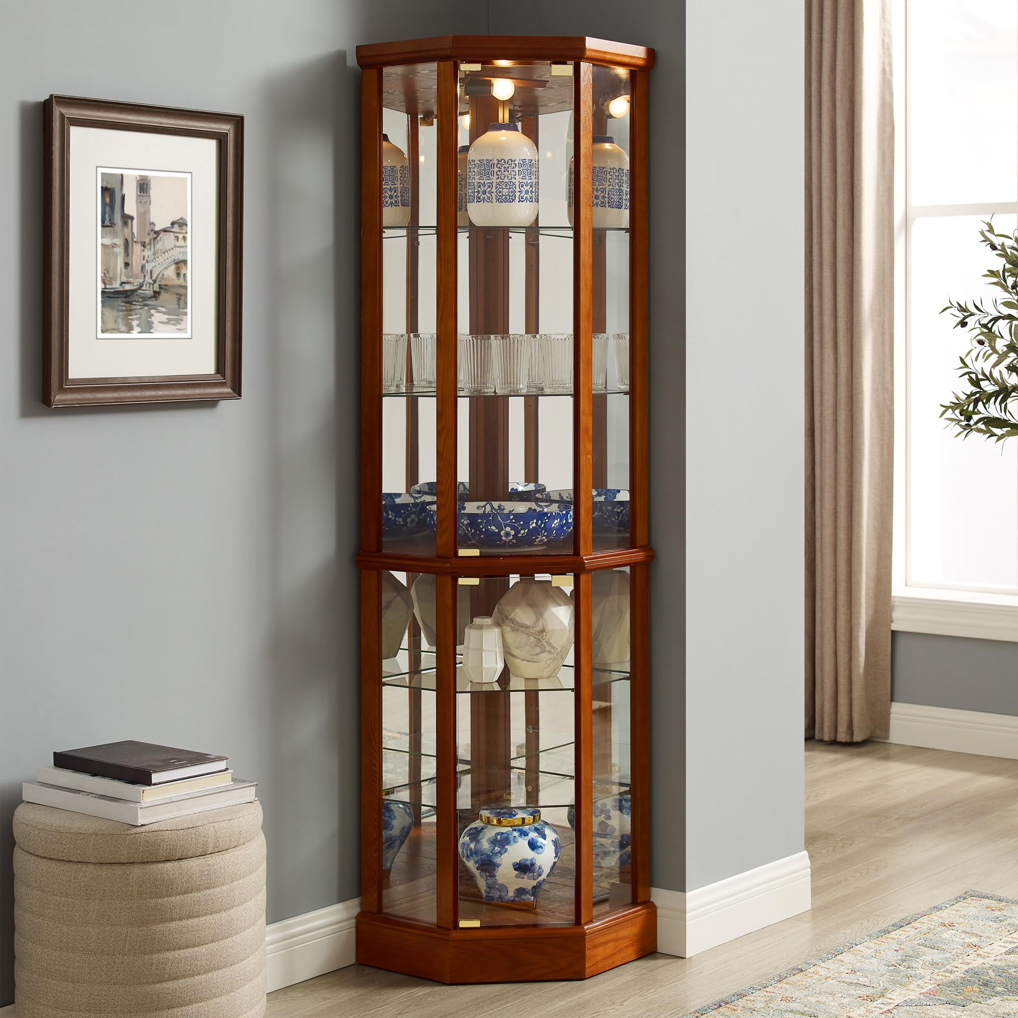 Lighted Corner Display Curio Cabinet - Wooden Curved Shelving Unit with Tempered Glass Door, Bar & Liquor Storage, 6 Adjustable Shelves & Mirror Back (Oak Finish) - Perfect for Living Room, Dining Room, or Home Bar Display