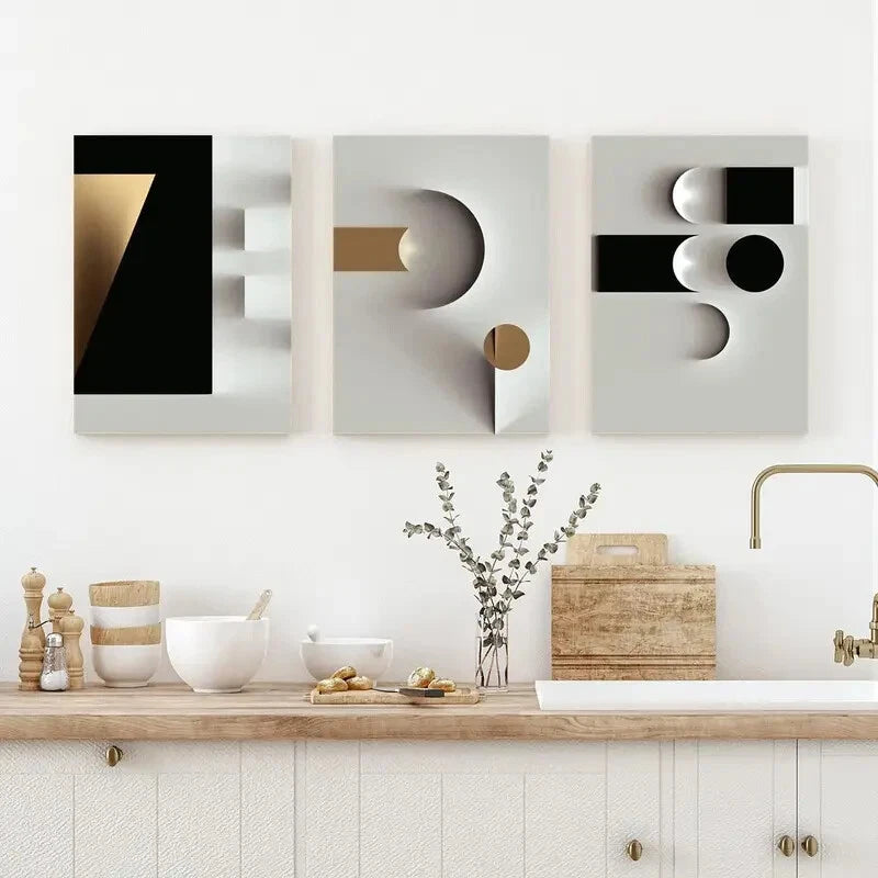 3-Piece Black and White Geometric Wall Art Prints - Metal Framed Modern Home Decor - Perfect for Living Room, Bedroom & Office Decorations