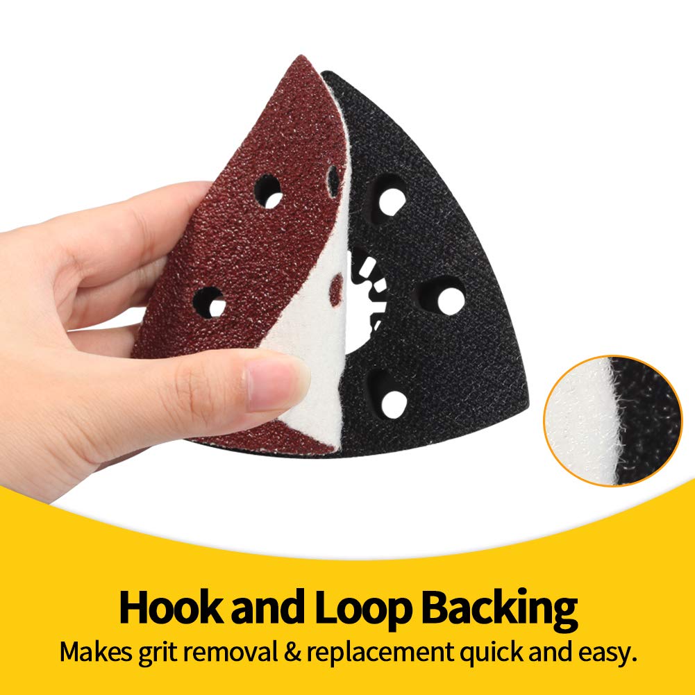 SPEEDWOX 100-Pack 3.5 Inch 90mm Triangle Hook & Loop Sanding Pads - 40/60/80/120/180/240 Grits for Detail Sanders & Oscillating Tools - Perfect for Woodworking, Furniture Refinishing & DIY Projects