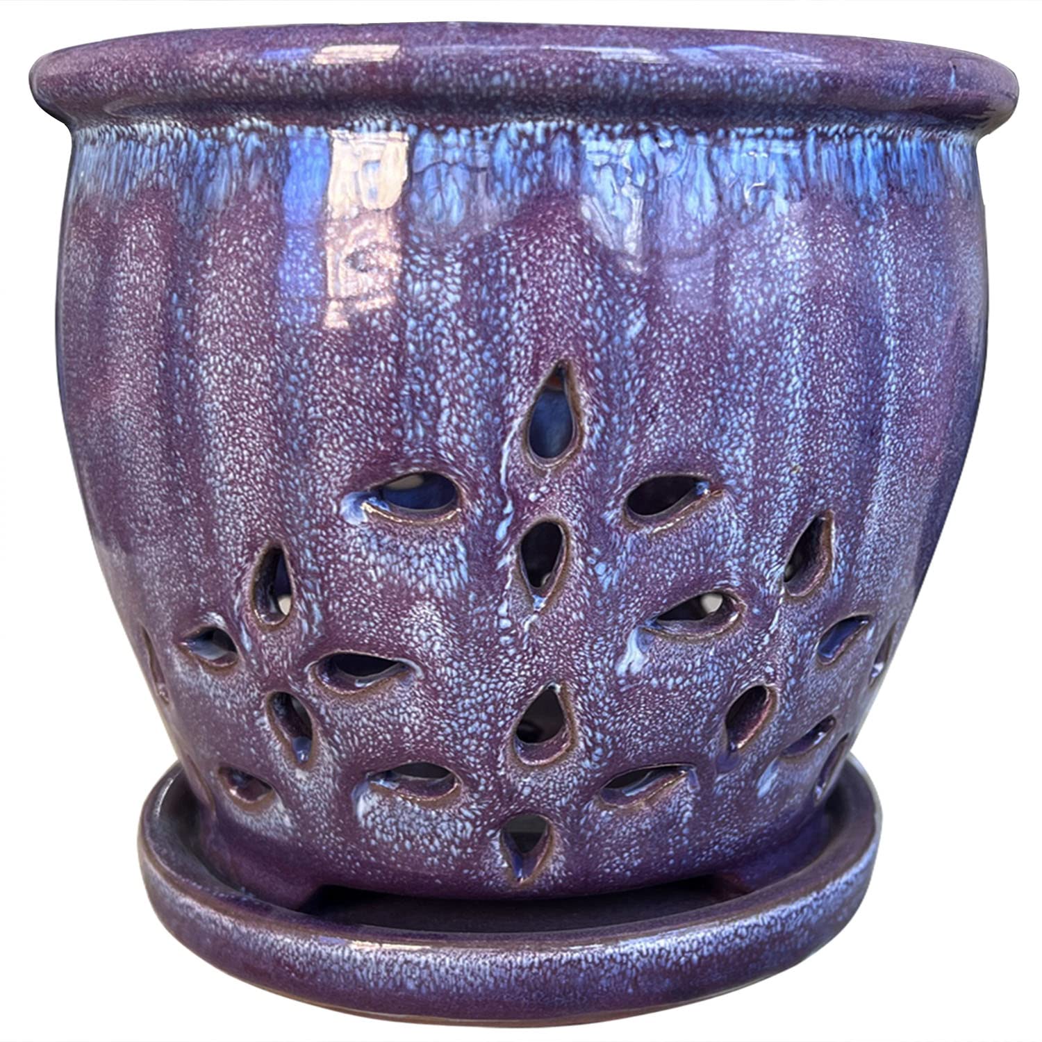 Orchid Pots with Drainage Holes - Round Ceramic Flower Planter for Succulents, Orchids & Houseplants - Butterfly Design with Saucer - Modern Windowsill Home Decor (Purple) - Perfect for Indoor Gardening & Living Room Decor