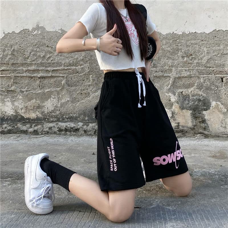 Oversized Kawaii Long Shorts for Women & Teens - High Waist Running Gym Sports Shorts, Goth Punk Style Summer Shorts for Walking, Beach & Home Wear