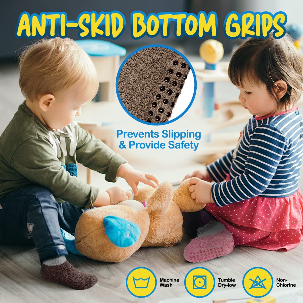 Debra Weitzner 6 Pairs Warm Fuzzy Socks for Kids with Non-Slip Grippers - Cozy Toddler Slipper Socks for Indoor Play, Winter Comfort & Home Wear