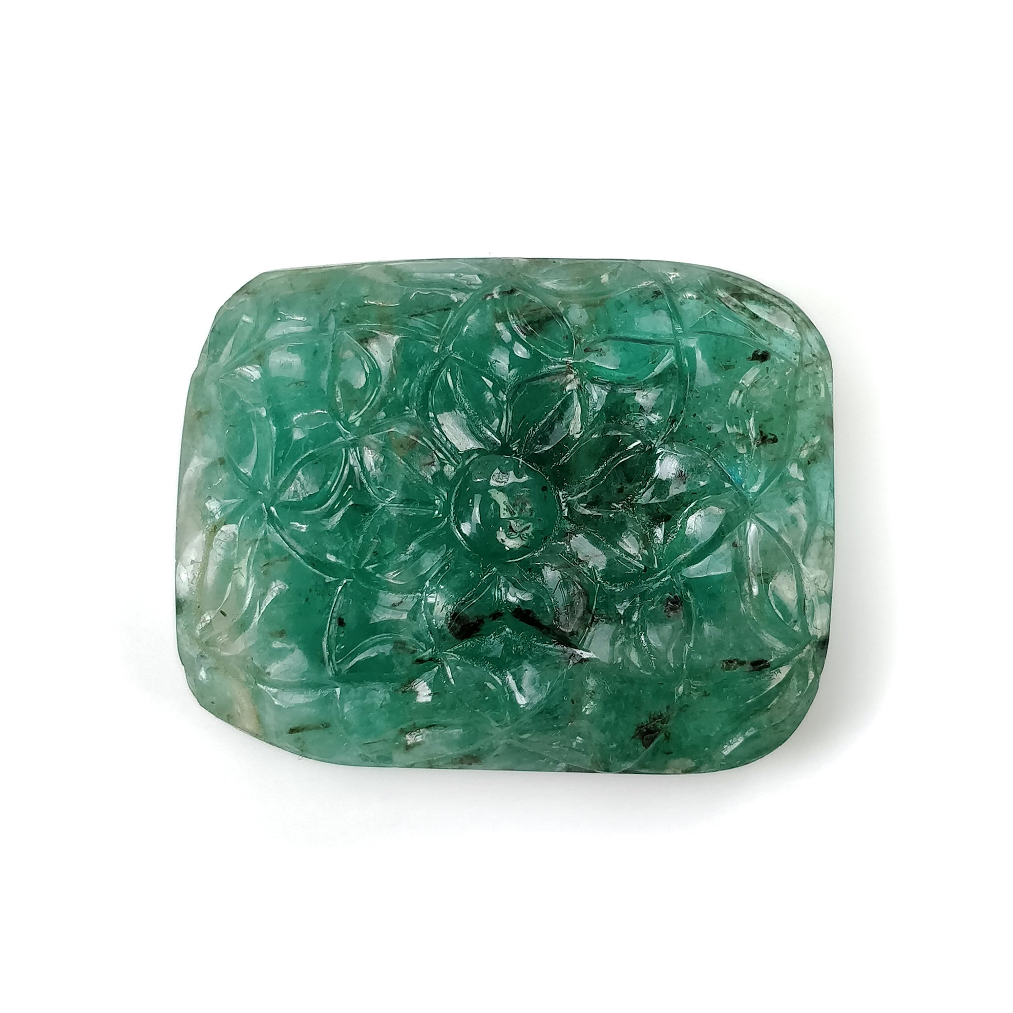 Natural Untreated 97.80cts Green Emerald Gemstone - Hand Carved Cushion Shape 37.5x30mm | Both Side Carved | Jewelry Making, Engagement Rings & Luxury Gift