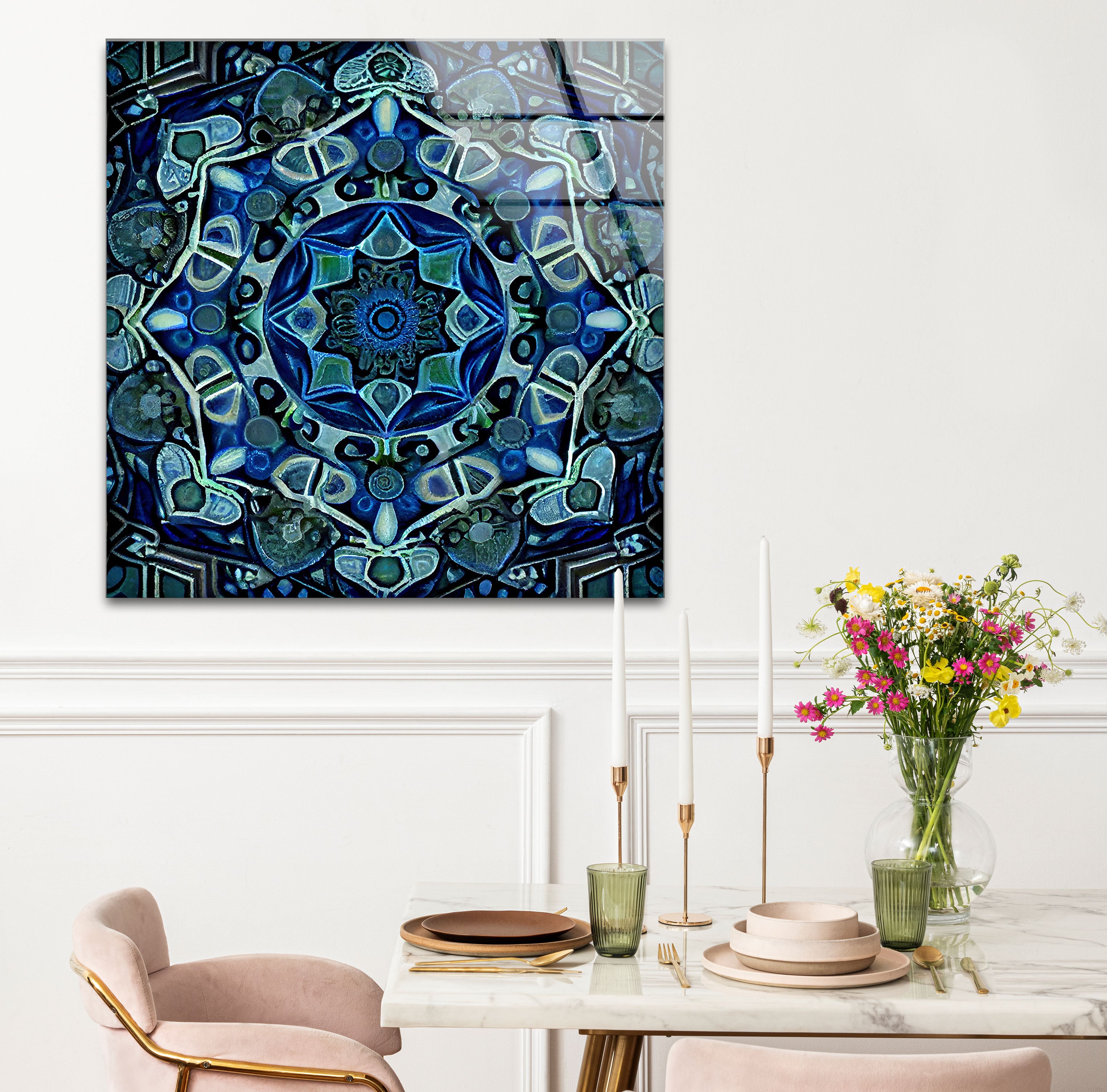 Blue Mandala Glass Wall Art – Handcrafted Intricate Geometric Design for Modern Home & Office Decor | Meditation Room, Yoga Studio & Spiritual Space Decor