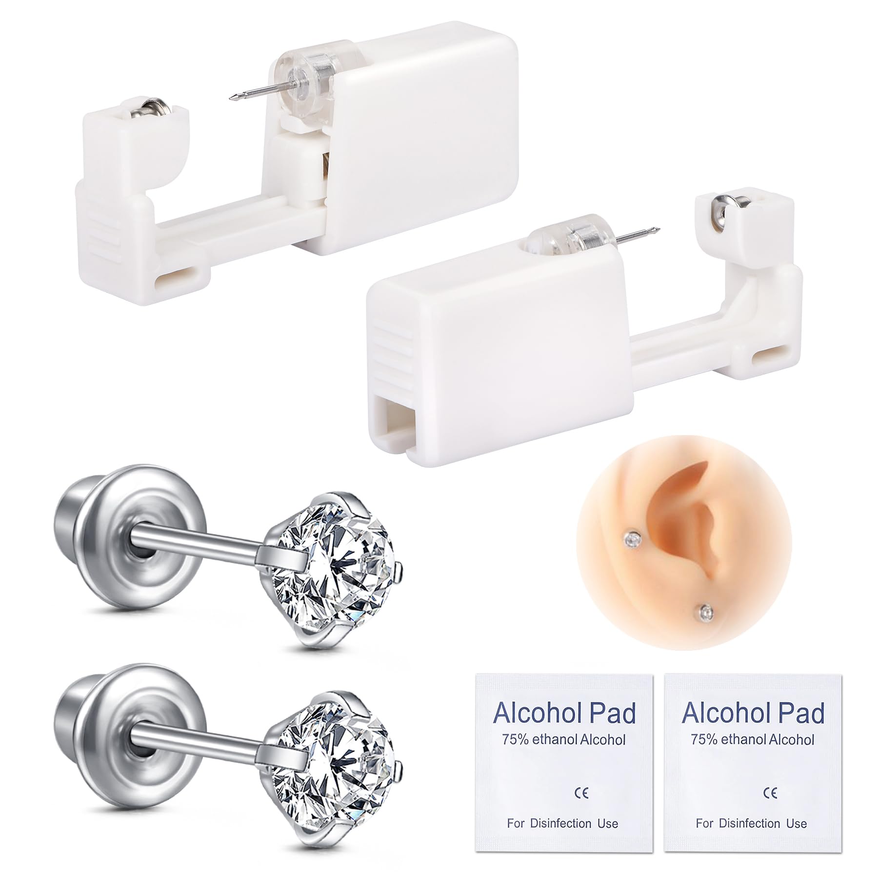 JIESIBAO Disposable Ear Piercing Gun Kit - 316L Surgical Stainless Steel with 4mm White Star Cubic Zirconia Studs - Safe At-Home Self Ear Piercing Tool for Adults & Teens - Perfect for First Piercings, Gifts, and DIY Beauty Care