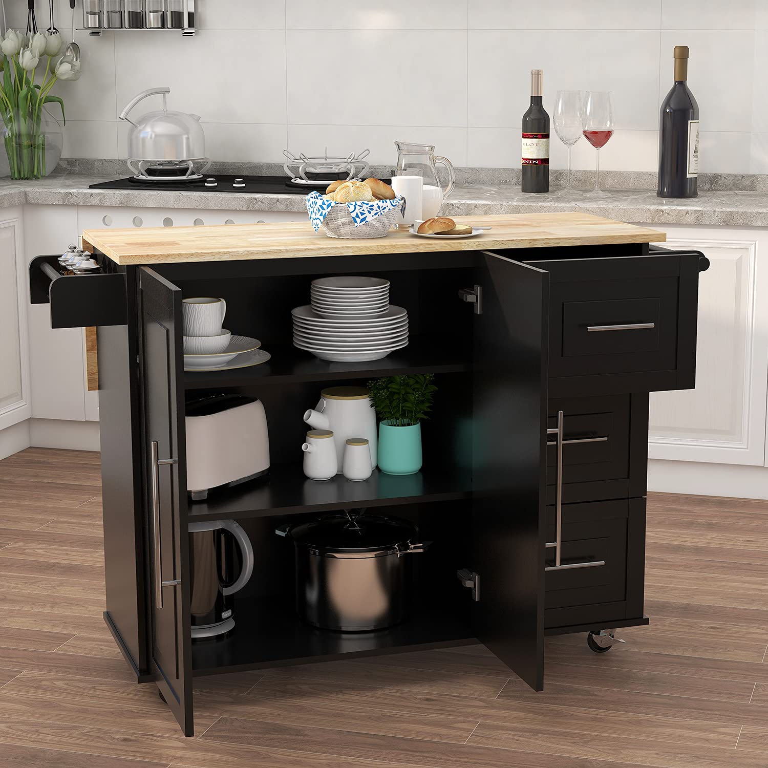 LERFAN Rolling Kitchen Island Cart with Extendable Wood Tabletop, 3 Drawers, Double Doors Cabinet & Towel Rack - Mobile Storage Solution for Small Spaces, Perfect for Kitchen, Dining Room or Bathroom Organization