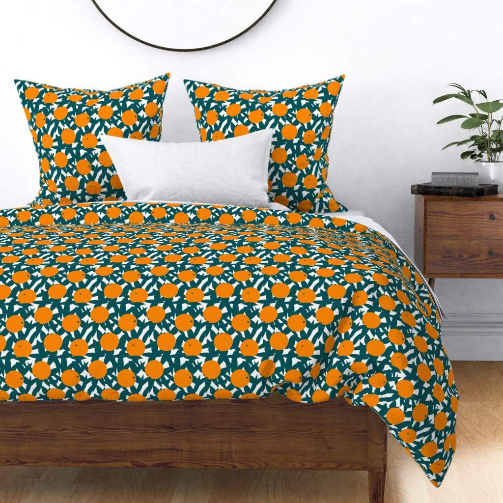 Art Deco Orange Grove Botanical Print Cotton Sateen Duvet Cover - Twin Size Midcentury Scandinavian Citrus Design Custom Bedding for Modern Bedroom Decor