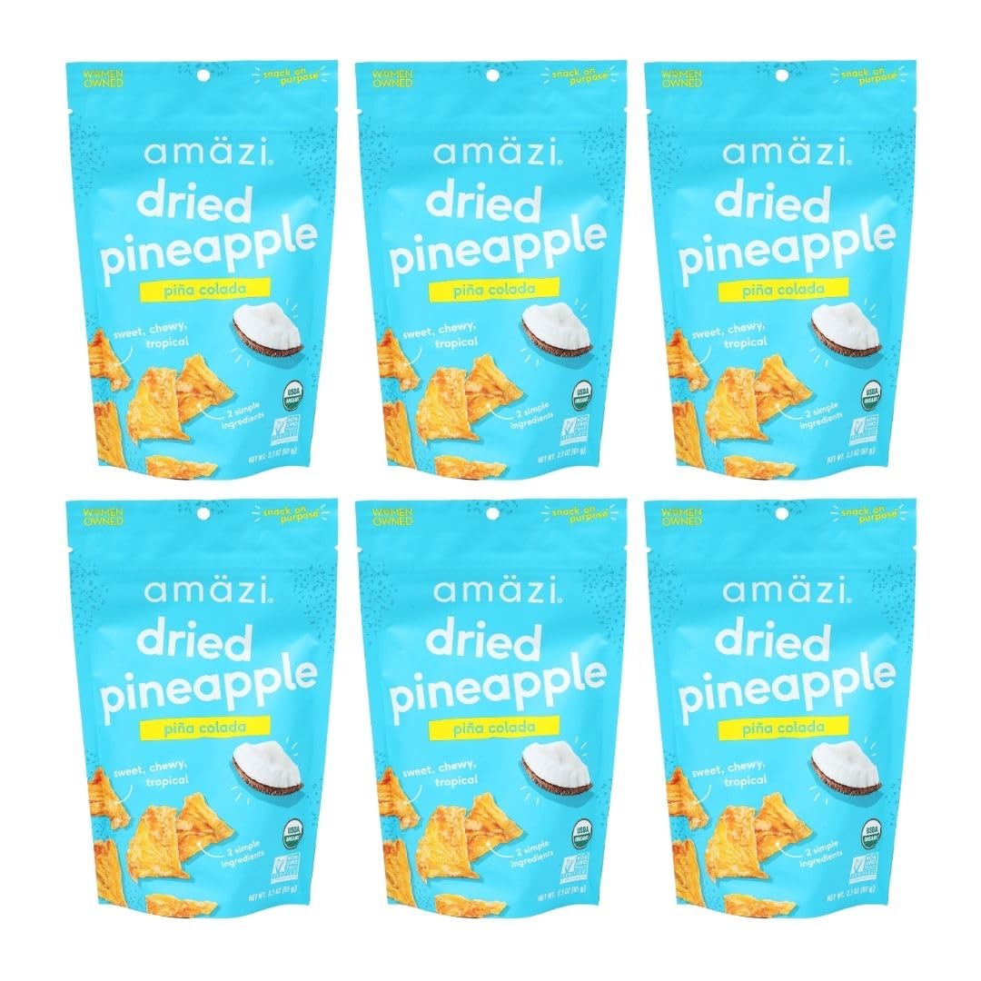 Amäzi Foods All Natural Dried Pineapple - Piña Colada Flavor (6 Pack) | No Sugar Added Dehydrated Fruit Snacks | Perfect for Healthy Snacking, Lunch Boxes & On-the-Go Treats