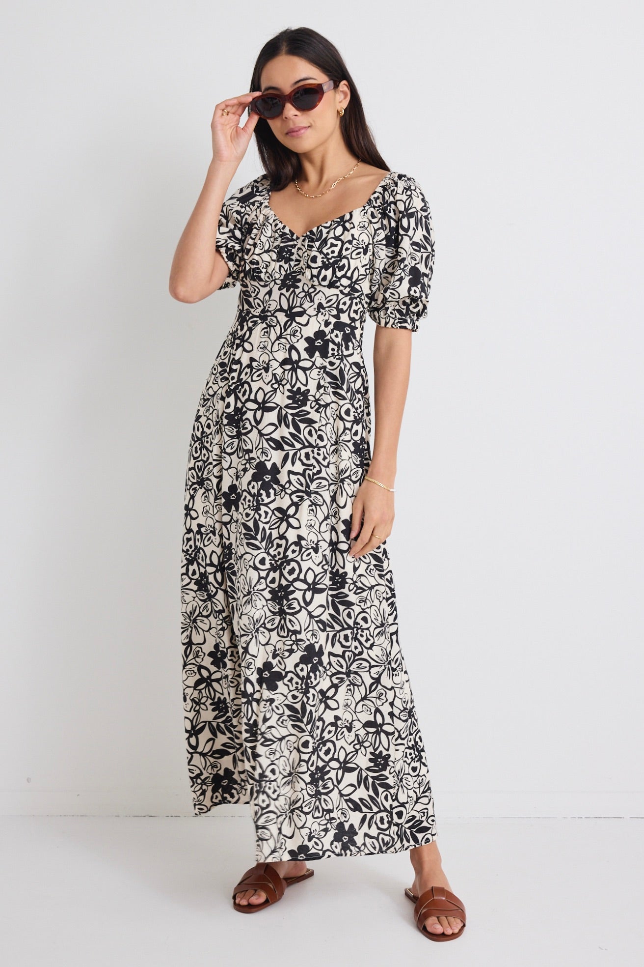 Charming Cream & Black Floral Smocked Bodice Short Sleeve Midi Dress - Perfect for Summer Weddings, Garden Parties & Date Nights