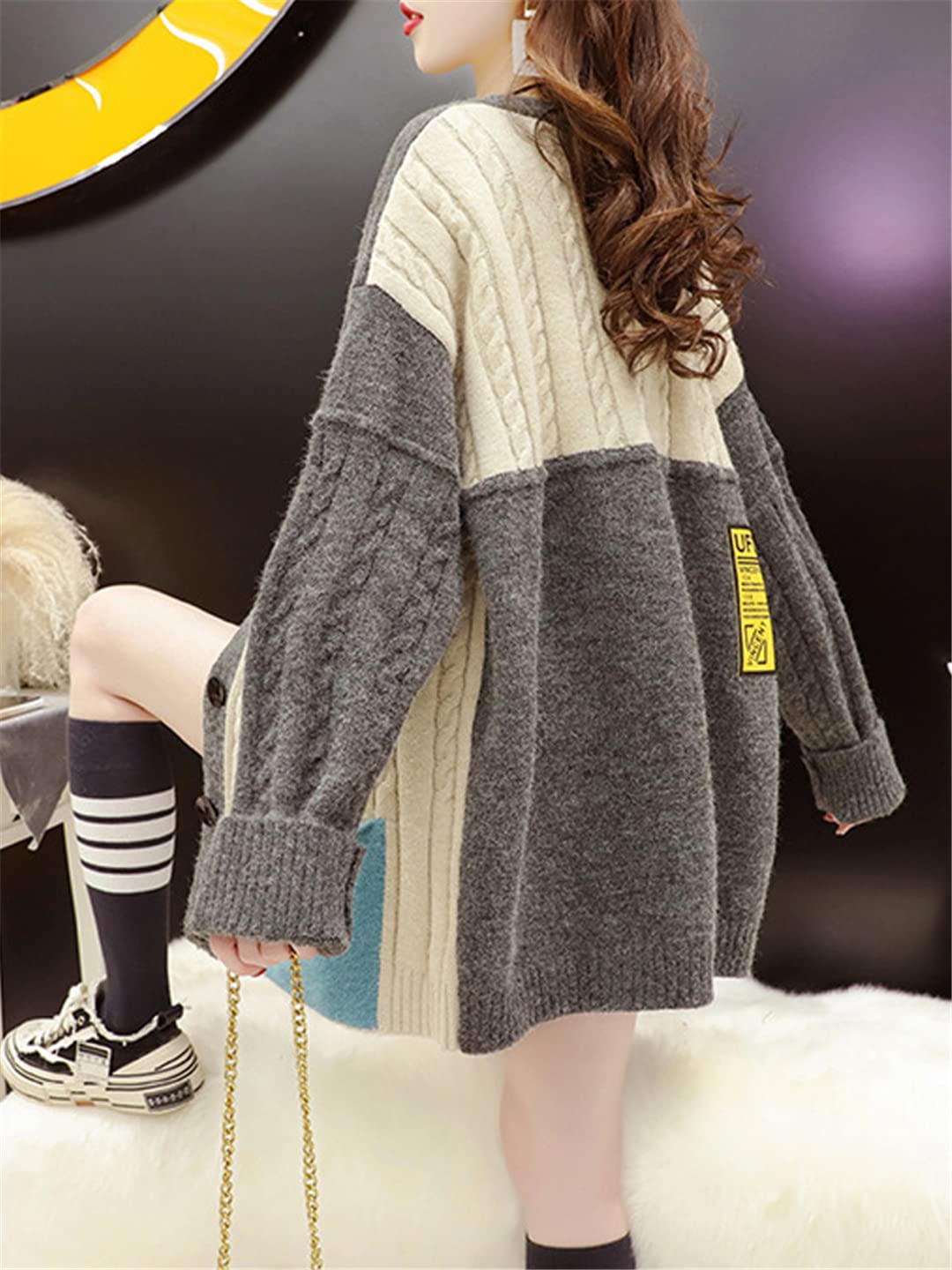 Women's Contrast Knit Cardigan with Pockets - Korean Style Loose Long Sleeve Sweater Jacket for Fall Winter | Cozy Outerwear Coat for Casual Wear, Office & Date Nights
