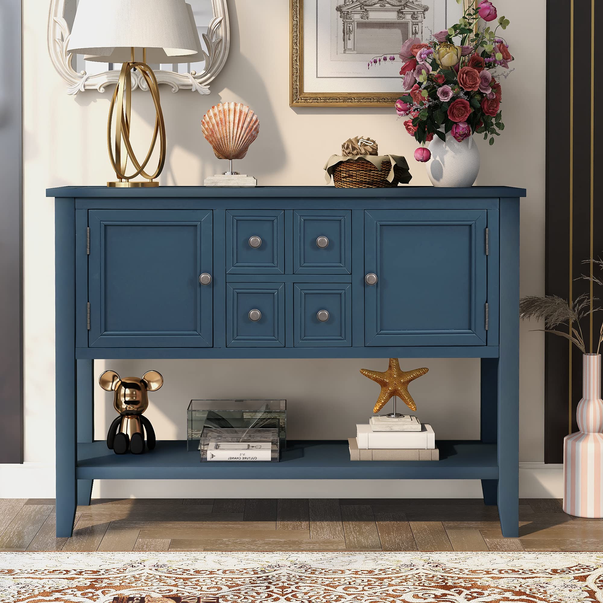 Danxee Wood Buffet Storage Cabinet Console Table with 4 Drawers & Shelves - Antique Navy Finish for Living Room, Kitchen & Dining Room - Perfect for Displaying China, Storing Linens & Organizing Dining Essentials