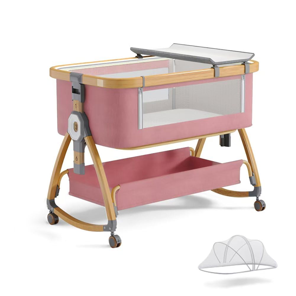 Bonbay 4-in-1 Portable Baby Bassinet Bedside Sleeper with Wheels, Mosquito Net & Storage Basket - 6 Height Adjustable Rocking Crib for Newborns | Perfect for Nursery, Bedroom Co-Sleeping & Travel