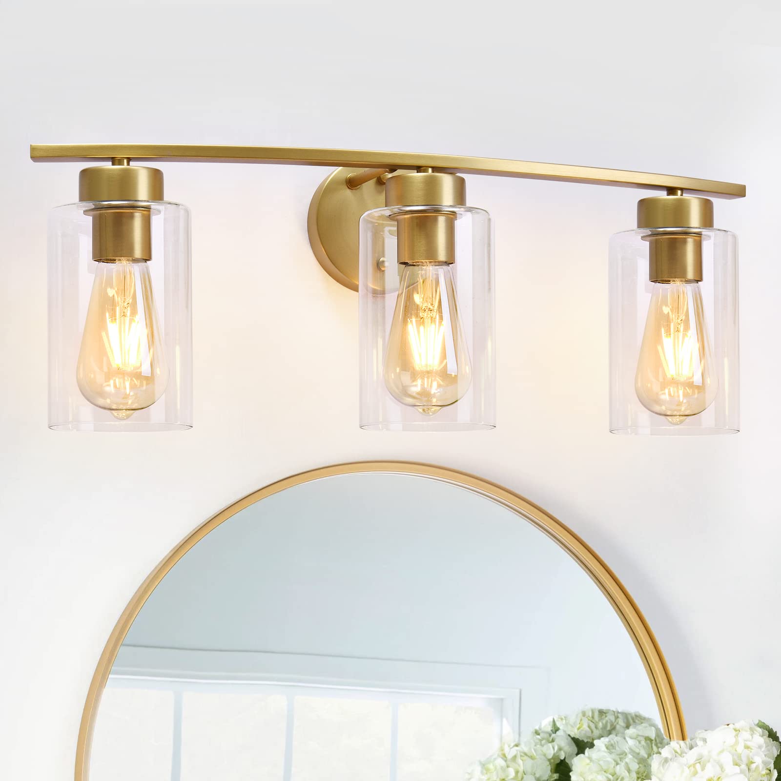 Modern Brass Gold 3-Light Bathroom Vanity Wall Sconce - Curved Design with Glass Shade for Mirror Lighting - Perfect for Bathroom, Kitchen, Living Room & Bedroom Decor
