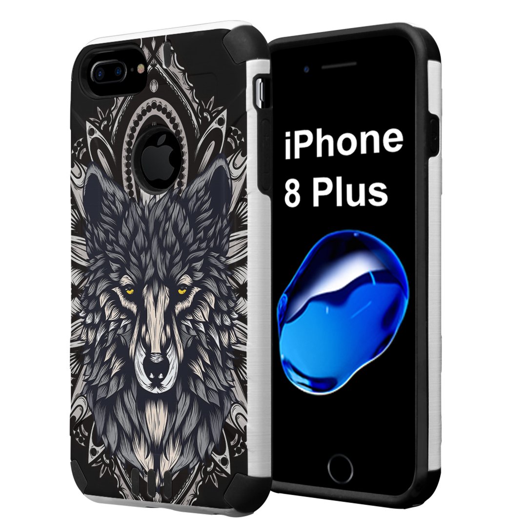 Premium iPhone 8 Plus Case - Slim Dual Layer Hybrid Protective Cover with Shock Absorption | White & Black Brushed Texture Finish | Perfect for Outdoor Activities, Work & Daily Protection (Wolf Design)