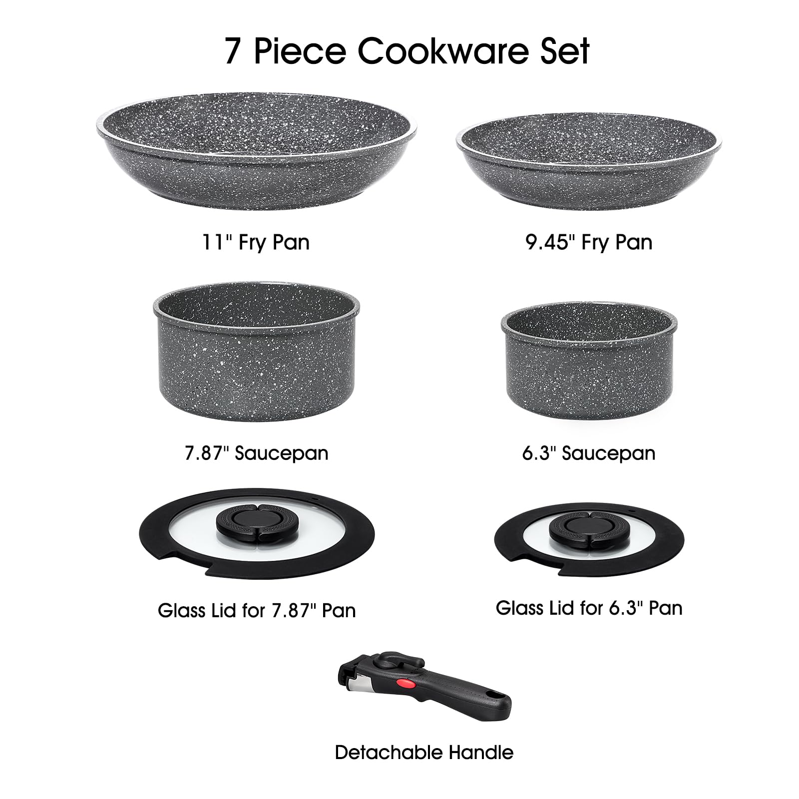 7-Piece Non-Stick Ceramic Cookware Set with Removable Handles - Induction Compatible, PFOA/PFAS Free, Oven & RV Safe - Stackable Black Granite Pots & Pans for Home Kitchen, Camping & Small Spaces