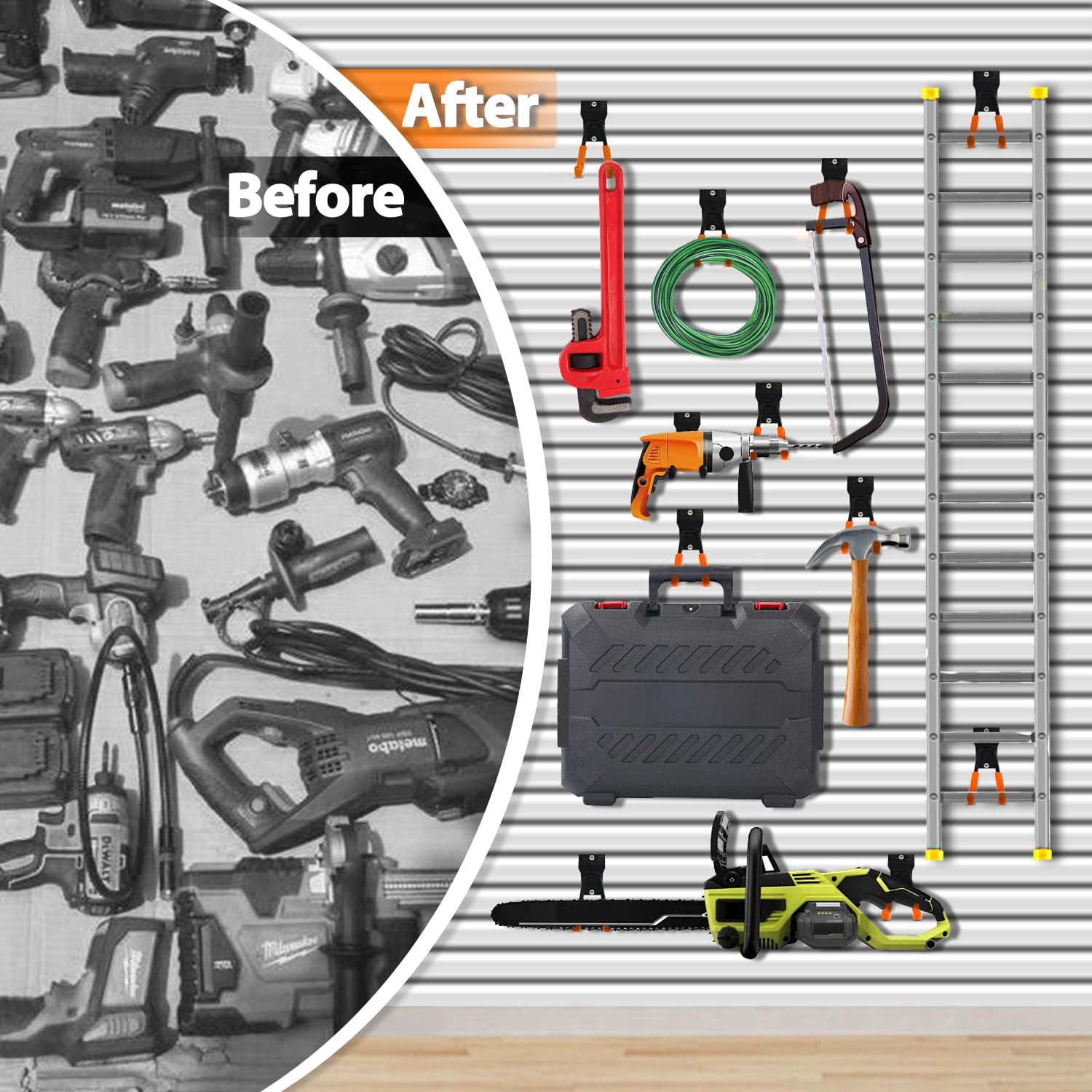14-Pack 3-H Slatwall Hooks & Hangers - 7 Sizes for Garage Organization - Proslat Accessories for Wall Panels, Garden Tools, Chairs & Ladder Storage - Orange (Perfect for Home, Garage & Retail Display)