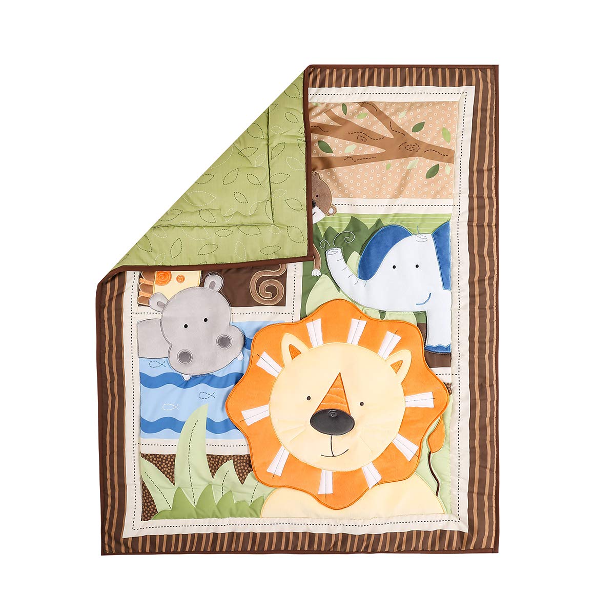 4-Piece Lion King Nursery Crib Bedding Set - Brown Lion, Giraffe & Elephant Theme - 1 Quilt, 1 Bed Skirt, 2 Fitted Sheets - Perfect for Baby Shower Gifts & Jungle-Themed Nursery Decor