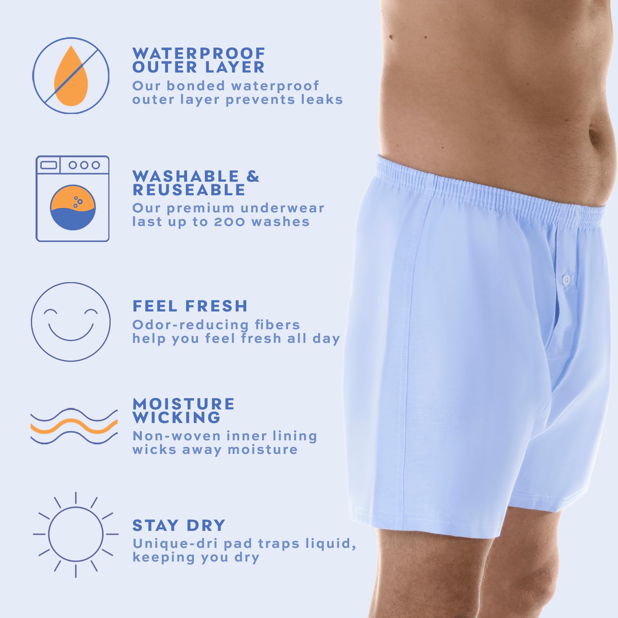 Wearever Men's Incontinence Underwear - Reusable & Washable Bladder Control Boxer Briefs with Leak Proof Protection, Regular Absorbency (6-Pack, Oxford, Size L, Waist 38-40) - Ideal for Active Lifestyles, Travel & Nighttime Protection