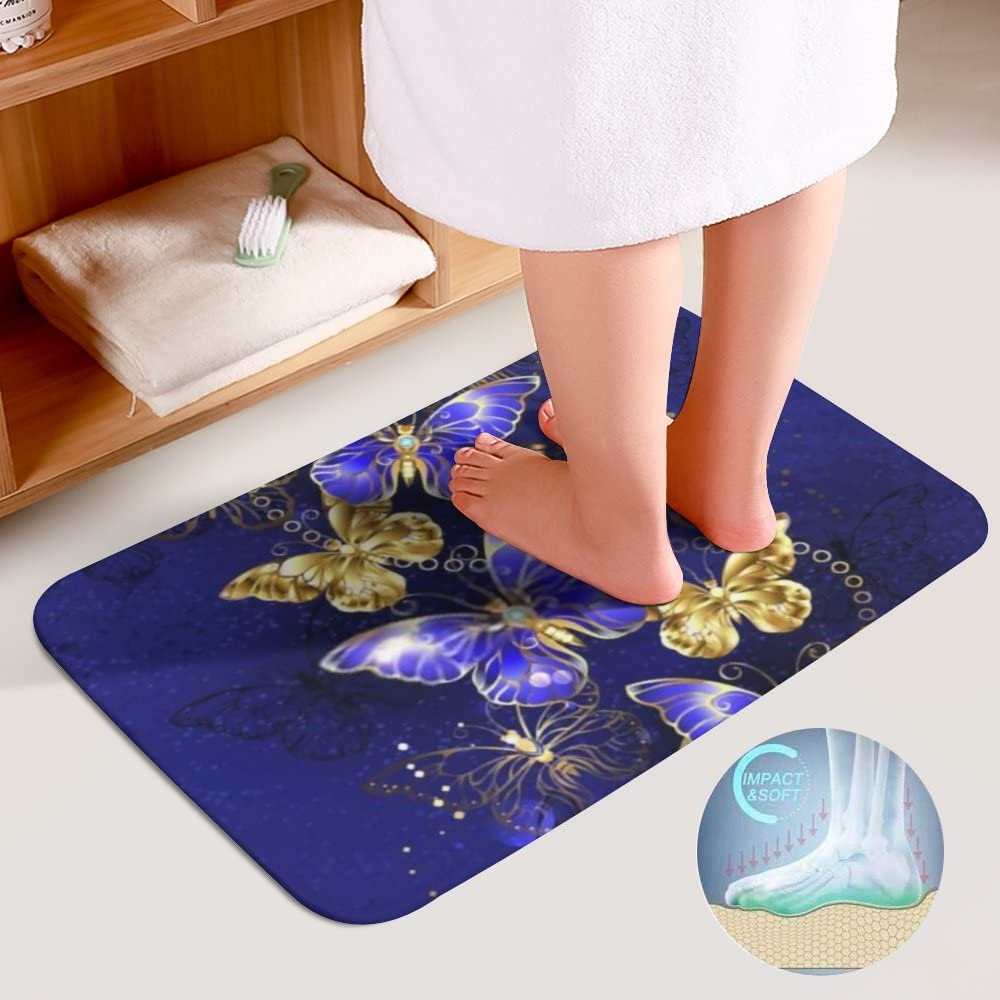 Luxurious Sapphire Gold Butterfly Bath Rug Set - 3 Piece Anti-Slip Absorbent Bathroom Mat with Toilet Lid Cover & U-Shaped Contour Rug - Machine Washable for Bathroom Decor & Safety