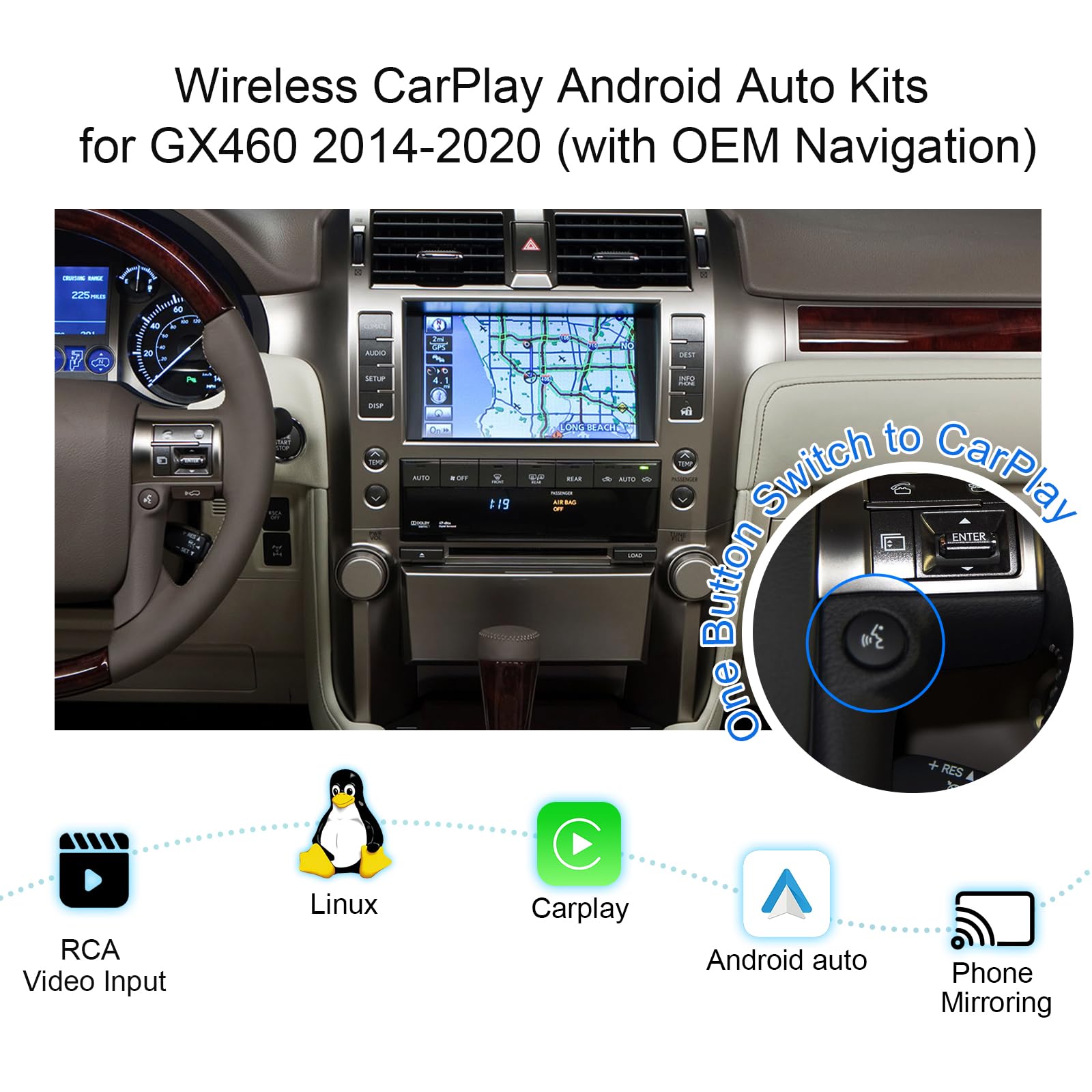 LVDS Wired & Wireless CarPlay Decoder Retrofit Kit for Lexus GX460 2014-2021 | Wireless Android Auto Support | Factory Screen Retention | Phone Mirroring Upgrade | Perfect for Road Trips & Daily Commuting